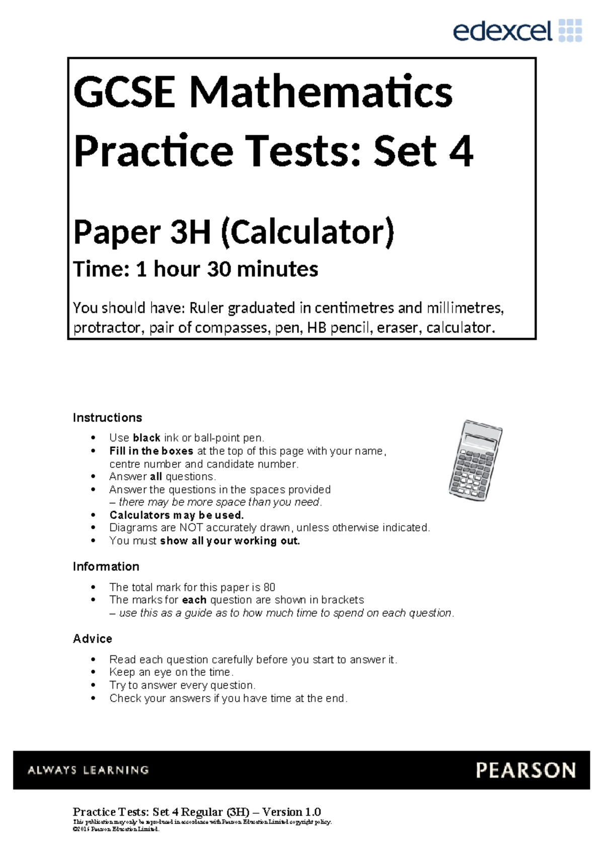 GCSE Math Practice Test 4 - Paper 3H (Calculator) Instructions ...