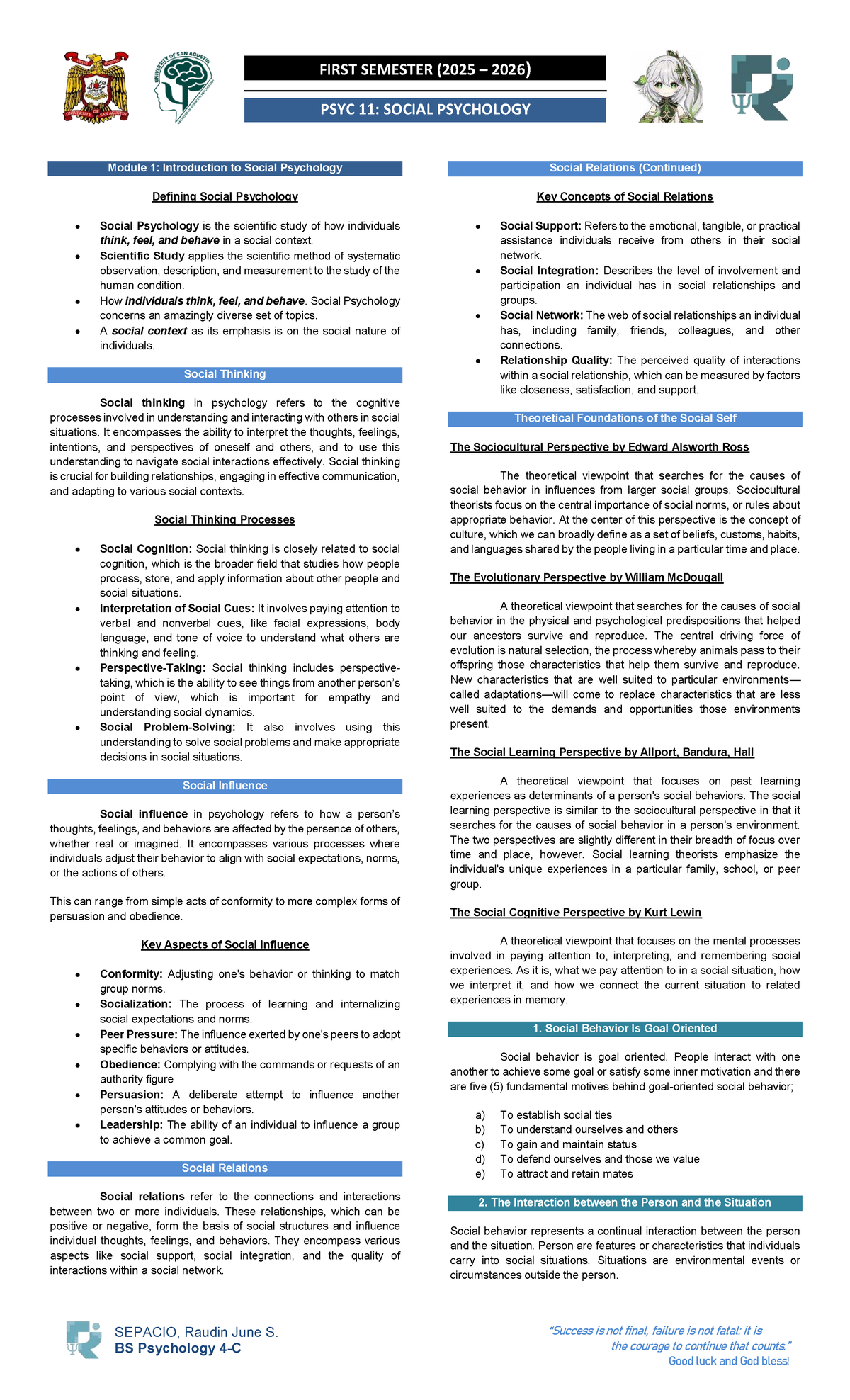 FIRST SEMESTER (2025 2026) PSYC 11: SOCIAL PSYCHOLOGY Lecture Notes on ...