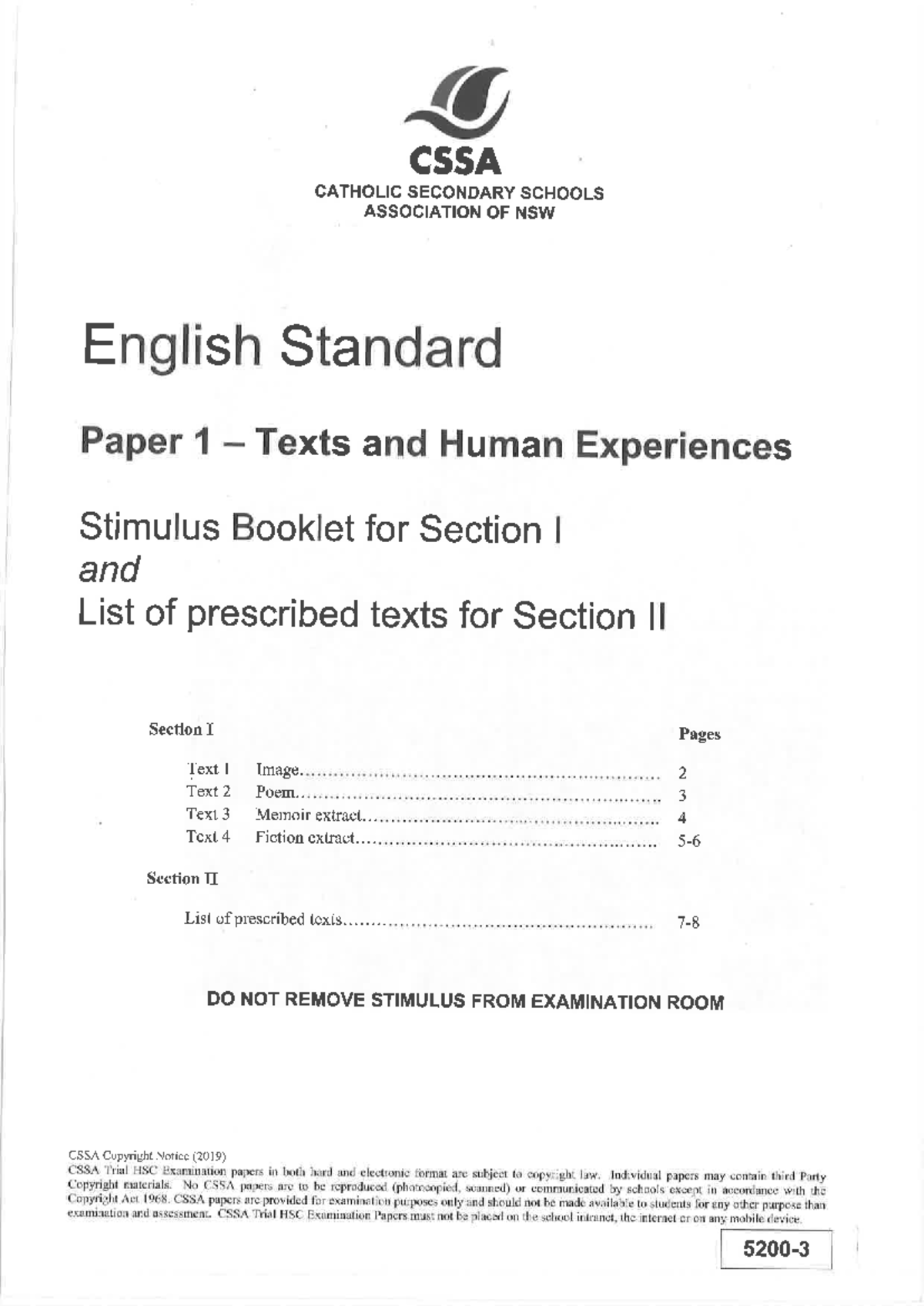CSSA Trial HSC Paper 1 - English Standard Essay Questions (2019) - Studocu