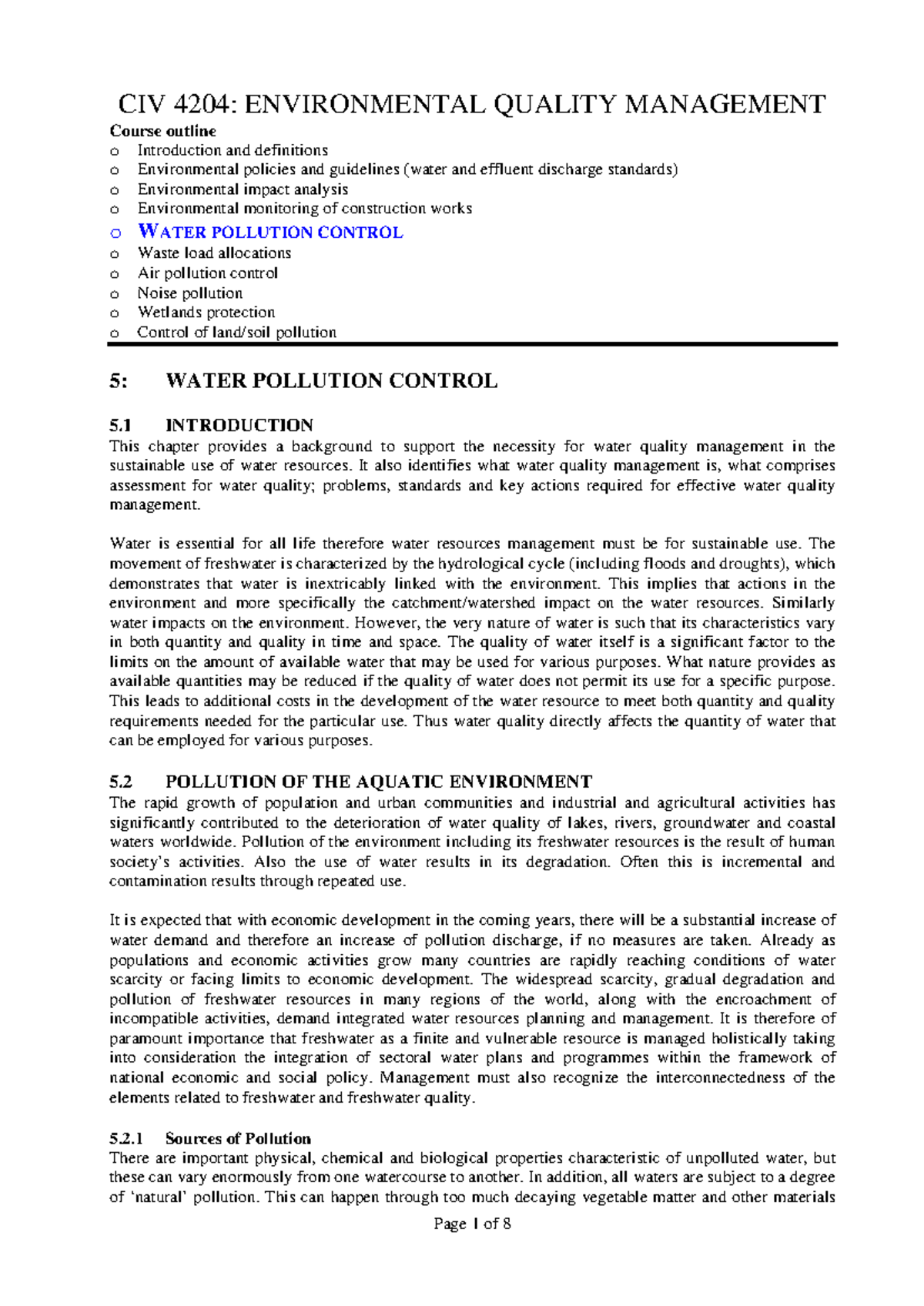 Ch 5 Water Pollution Control - CIV 4204: ENVIRONMENTAL QUALITY ...