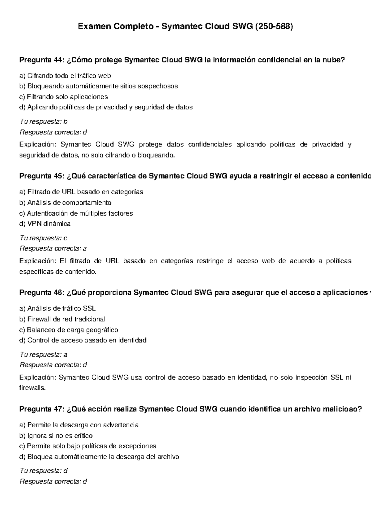 Examen Completo Symantec Cloud SWG: Preguntas y Respuestas - Studocu