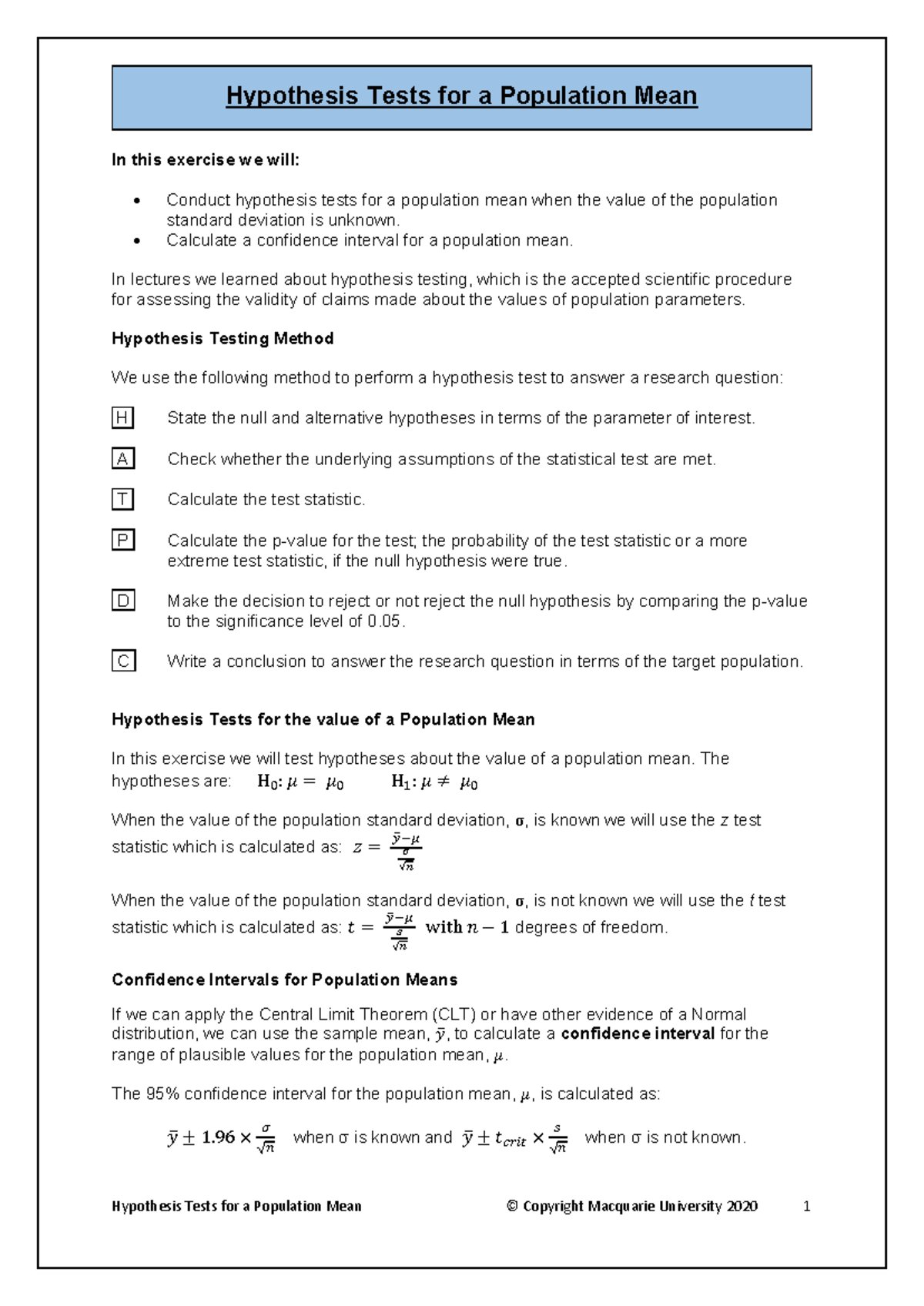 Hypothesis Testing for Population Mean - Statistical Analysis PM2 ...