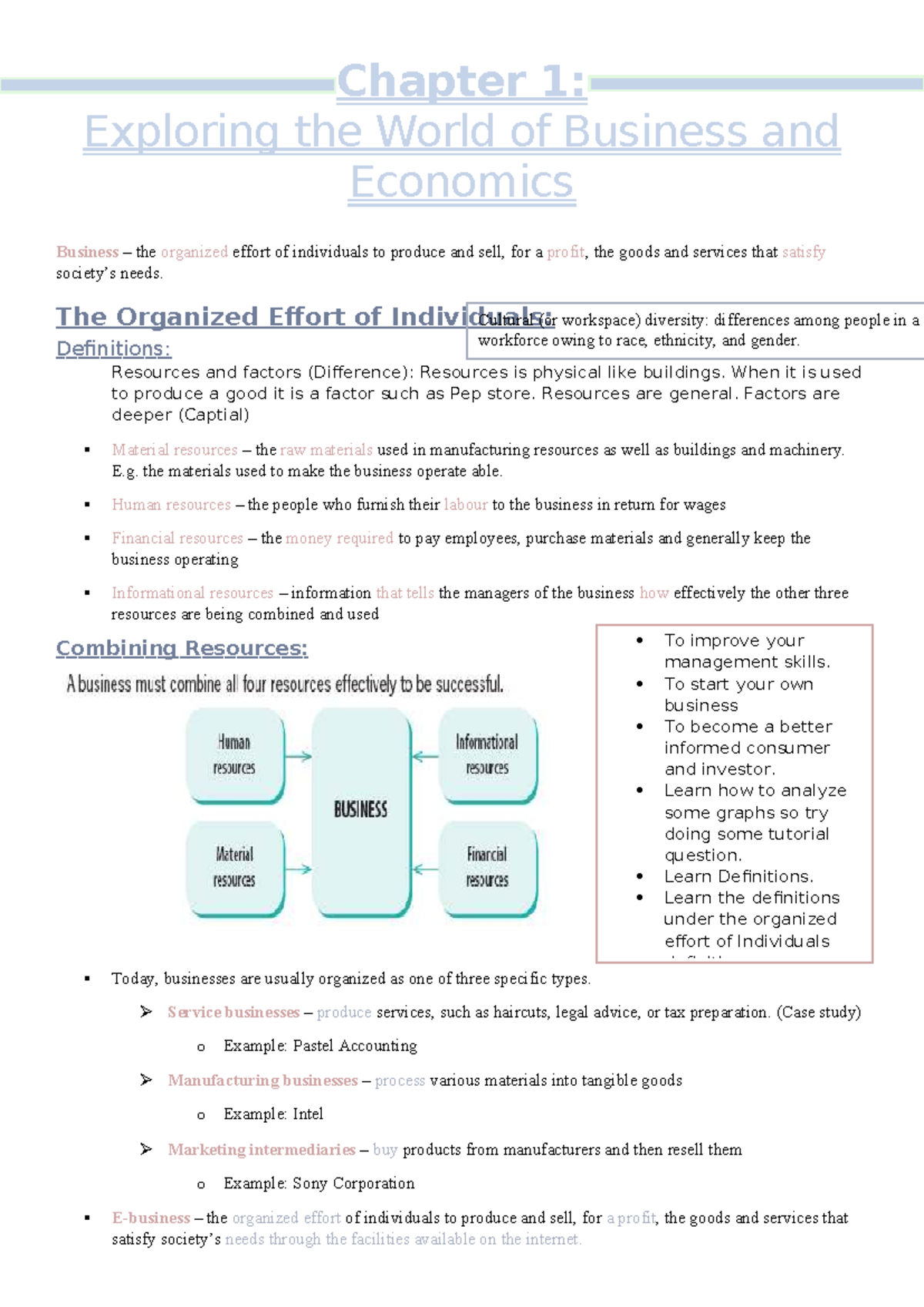 BUS 101: Chapter 1 - Introduction to Business and Economics Concepts ...