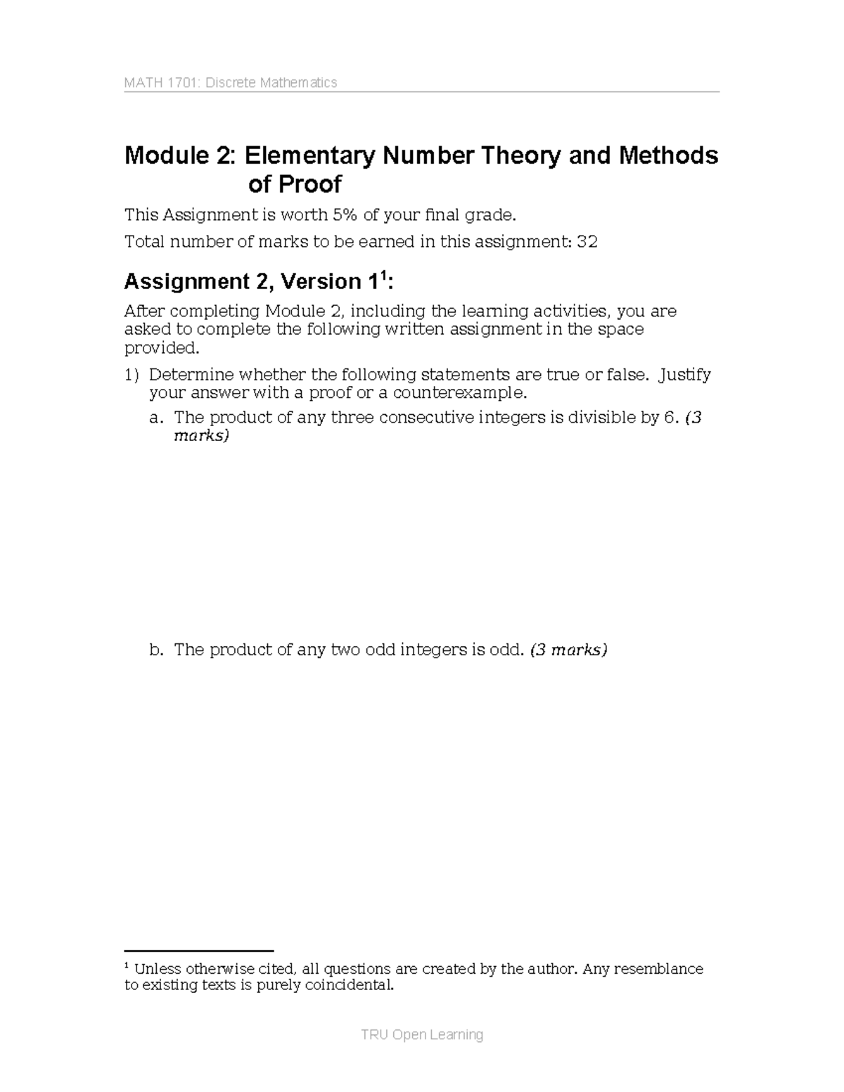 MATH 1701: Discrete Math Assignment 2 - Number Theory & Proofs - Studocu