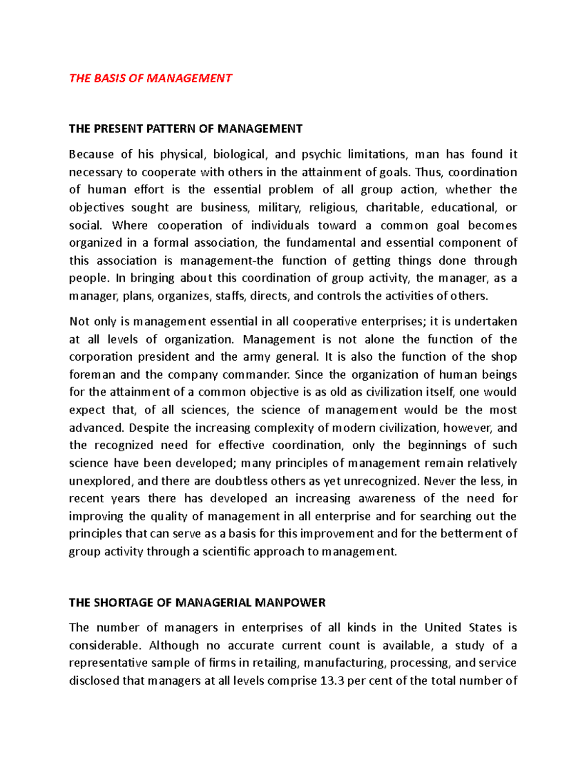 Management Principles and Human Element: An Overview in MGMT 101 - Studocu