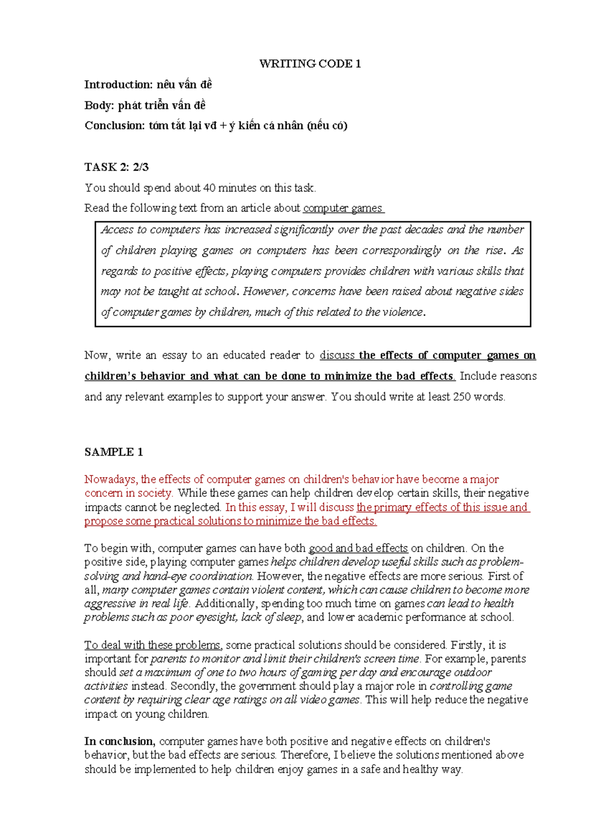 WRITING CODE 1 - TASK 2: Effects of Computer Games on Children - Studocu