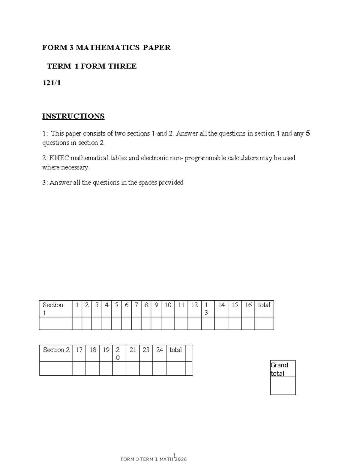 FORM 3 MATH 2026 TERM 1 EXAMINATION PAPER - Studocu