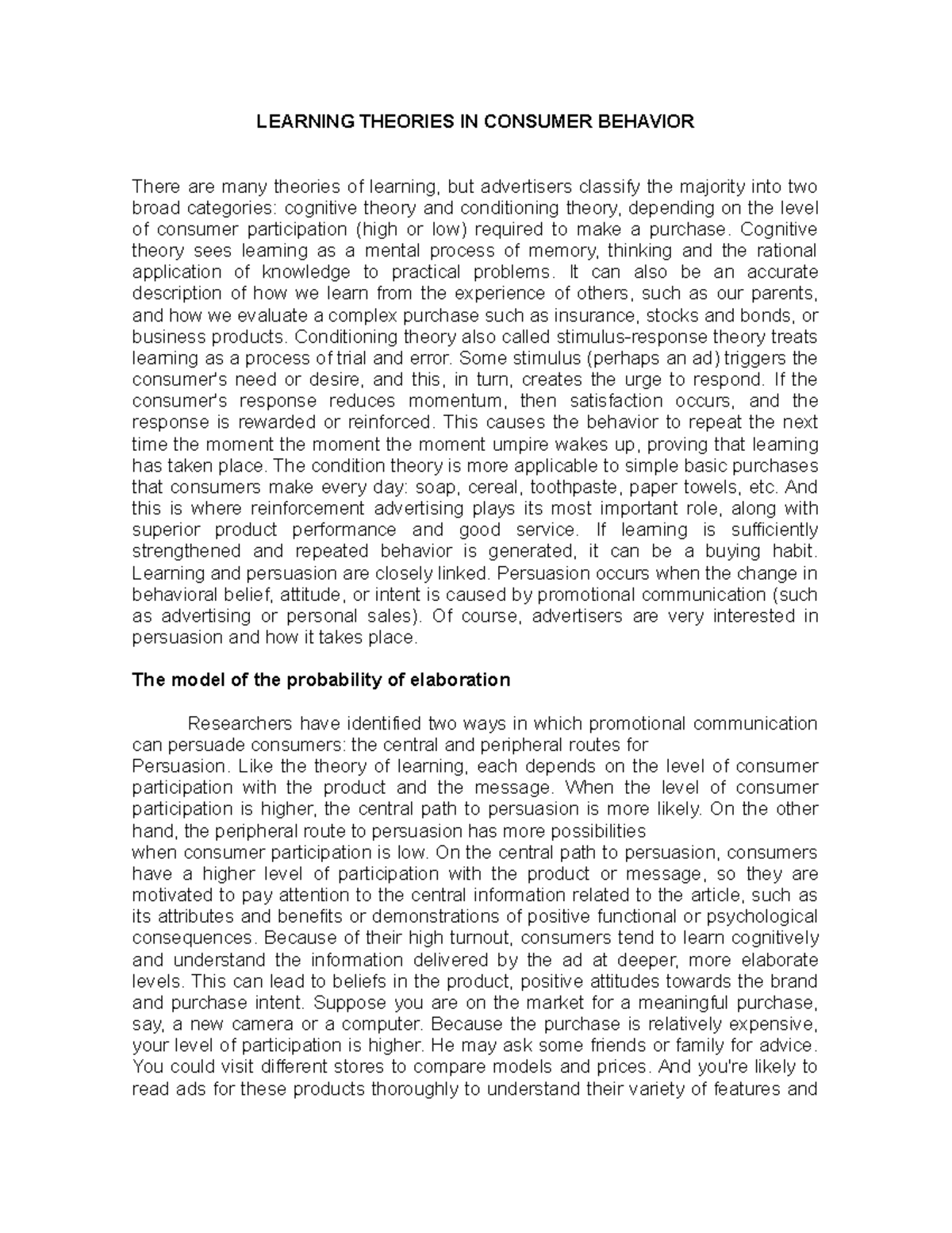 LEARNING THEORIES IN CONSUMER BEHAVIOR: COGNITIVE & CONDITIONING ...
