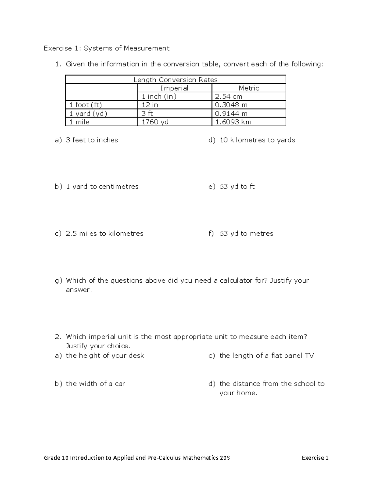 Grade 10 Introduction to Applied Mathematics 20S Complete Exercise Set ...