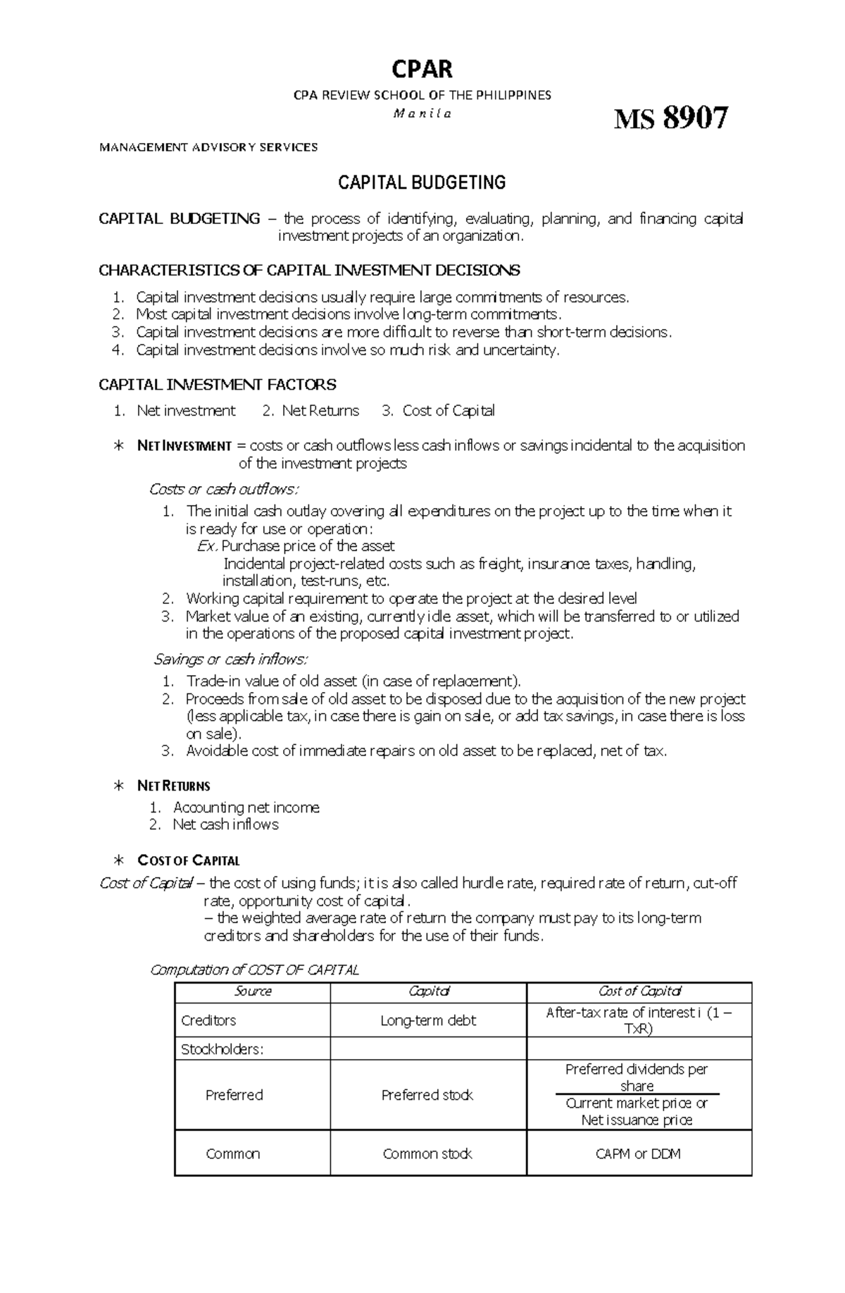 MAS 8907 Capital Budgeting: Key Concepts and Evaluation Techniques ...