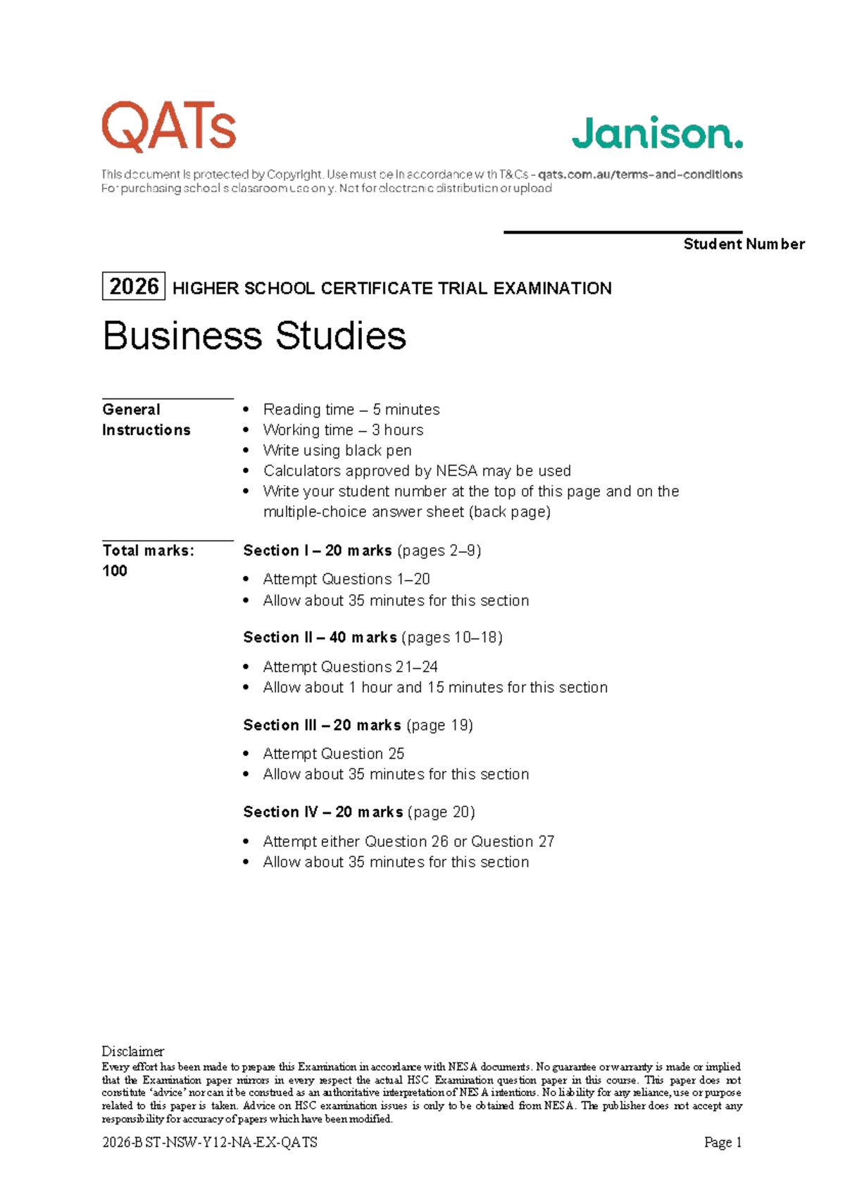 2026 HSC Business Studies Trial Exam - General Instructions & Questions ...