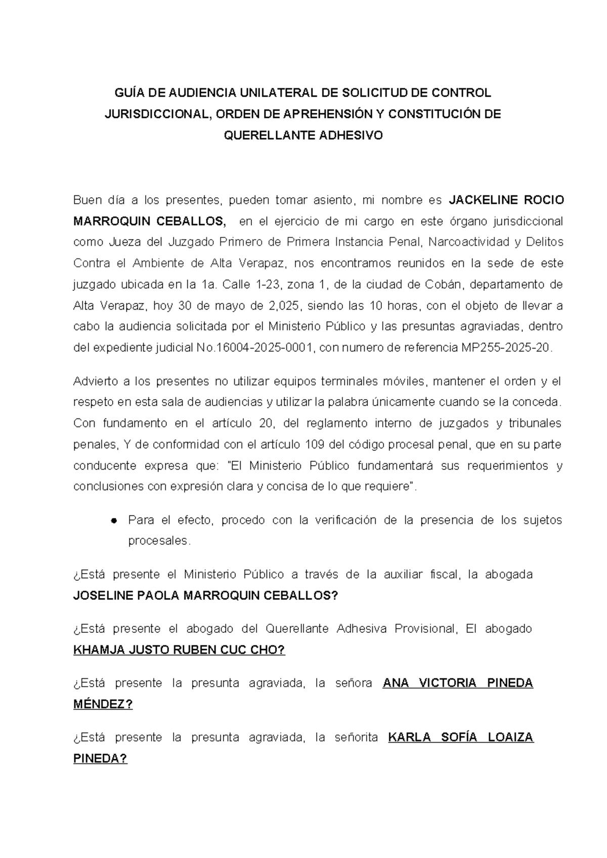 GUÍA DE AUDIENCIA PARA CONTROL JURISDICCIONAL Y ORDEN DE APREHENSIÓN ...