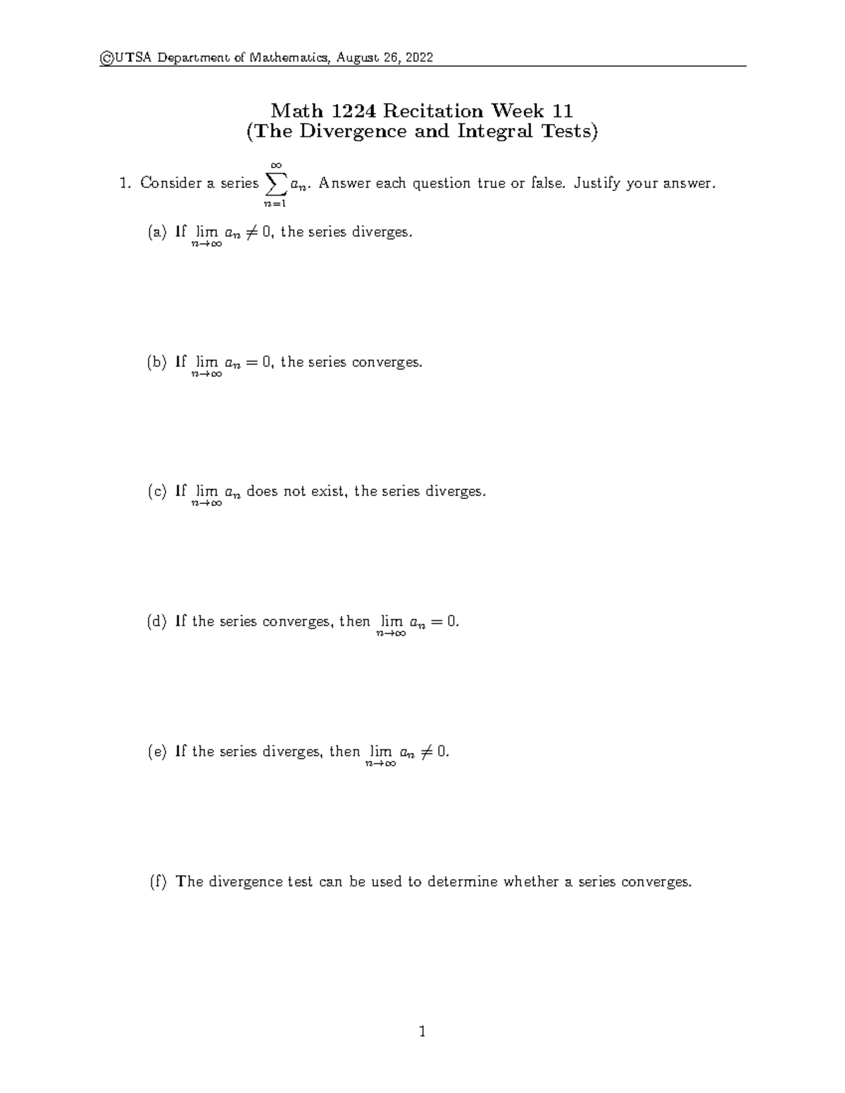 Week 11 The Divergence and Integral Tests - ©UTSA Department of ...