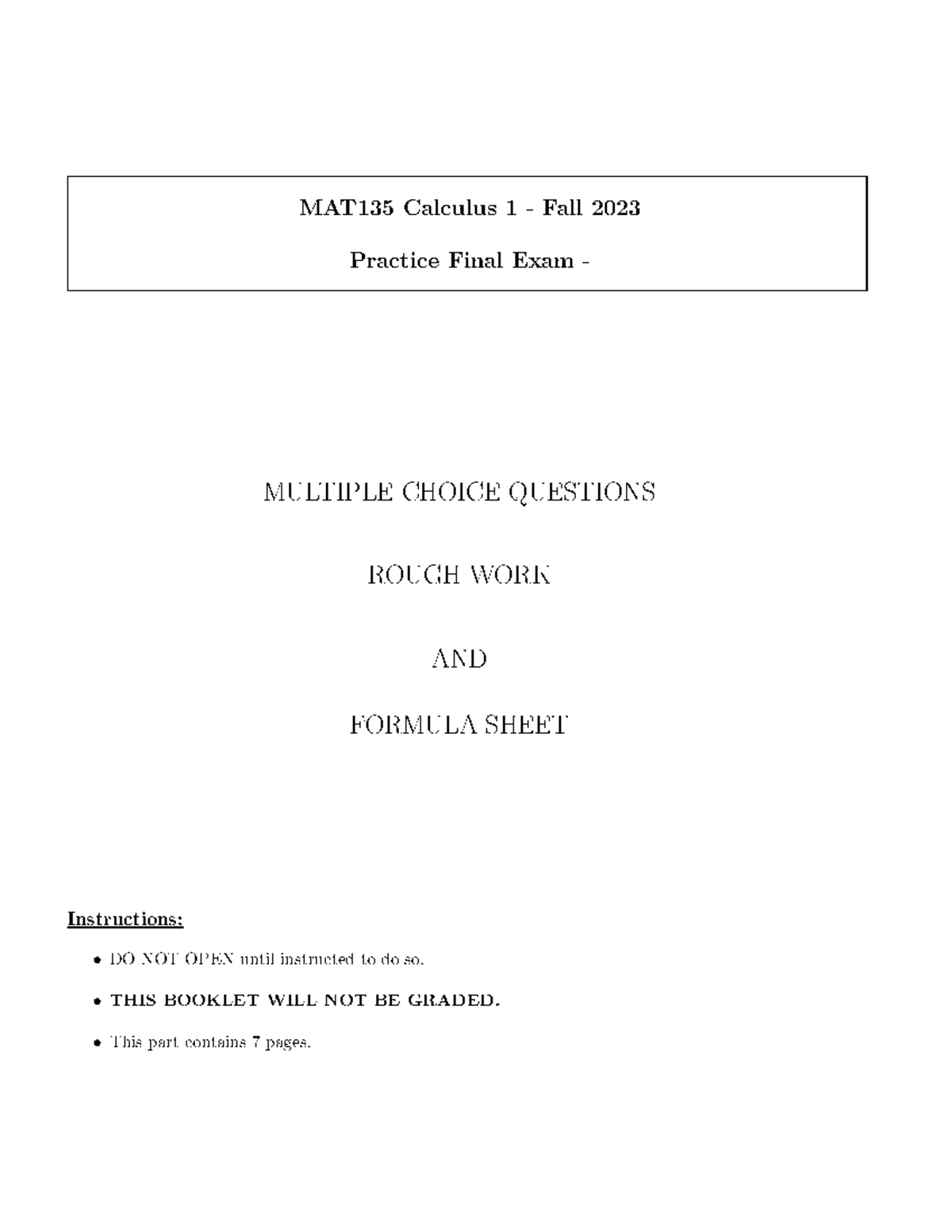 MAT 135 - Fall 2023 Practice Final Exam Questions & Formula Sheet - Studocu
