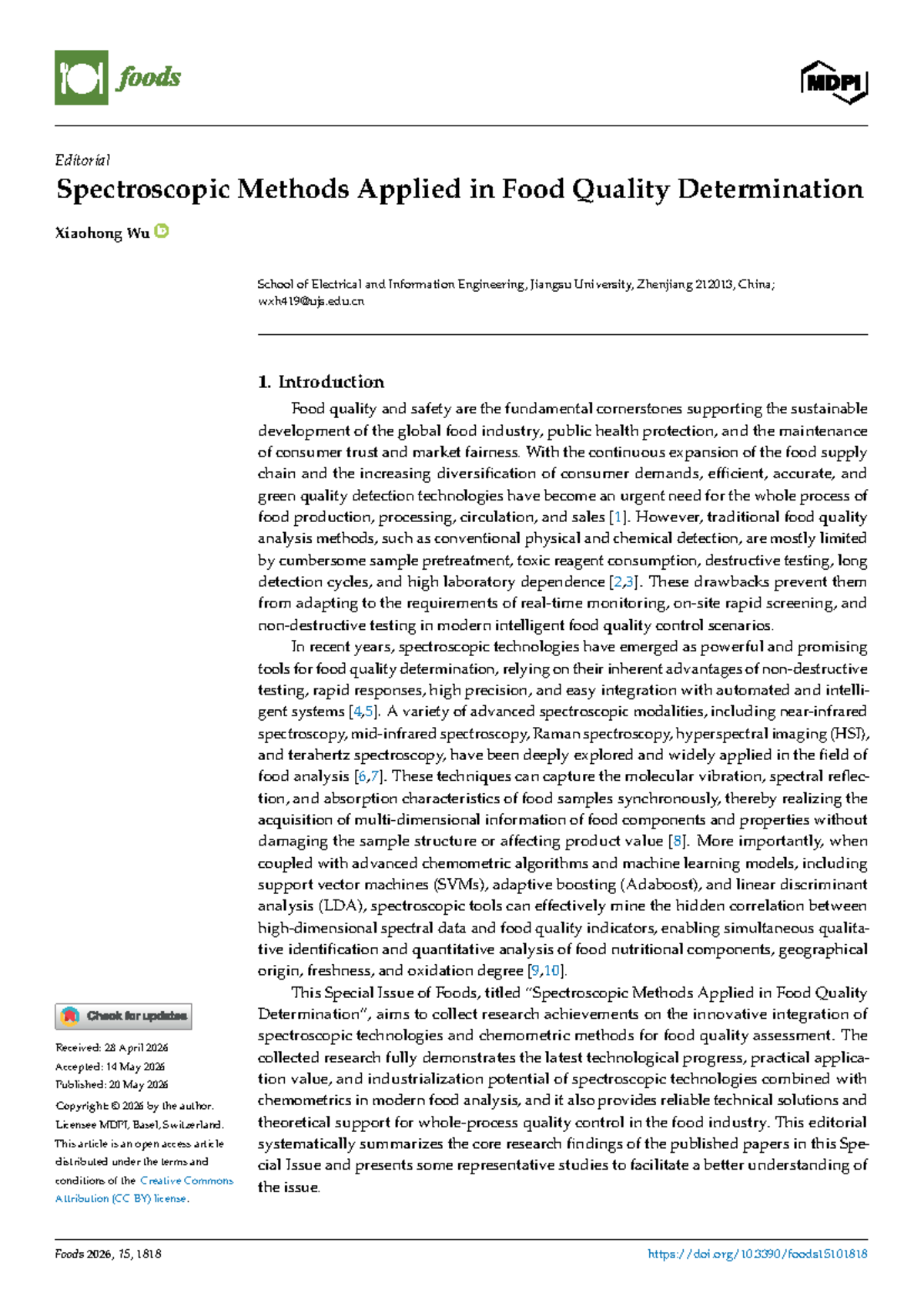 Spectroscopic Methods for Food Quality Assessment (Foods 2026) - Studocu