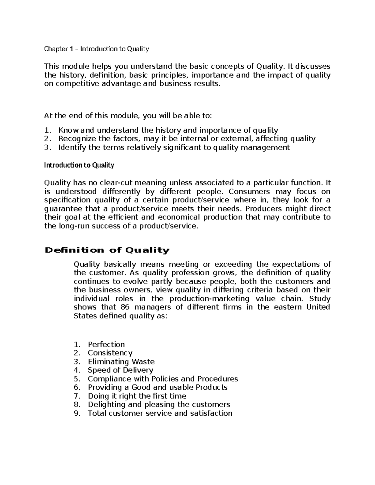 Chapter 1 - Introduction to Quality - Chapter 1 – Introduction to ...