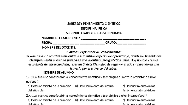Examen de Física 2° Grado Telesecundaria: Saberes y Pensamiento