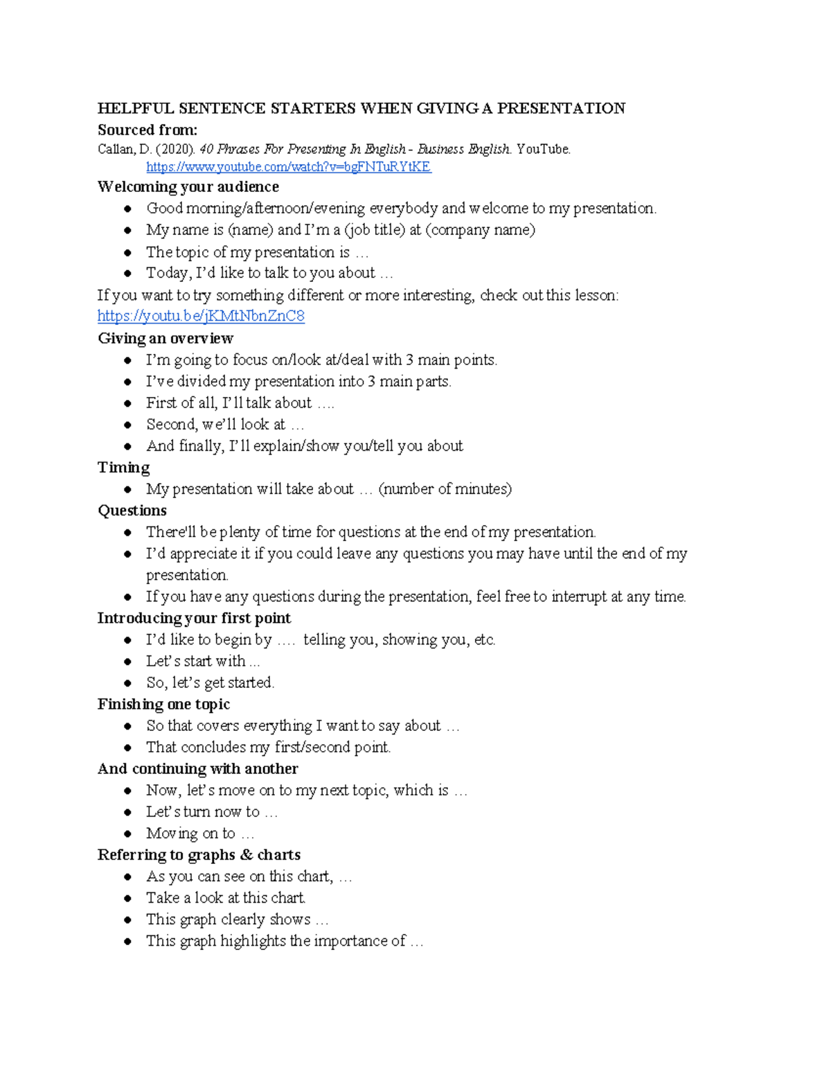Helpful Sentence Starters for Presentations: Tips & Phrases - Studocu