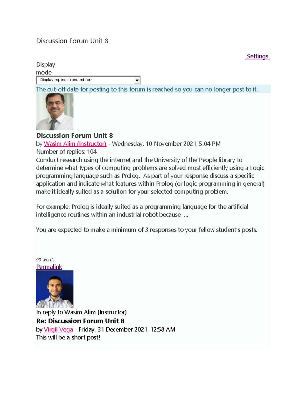 CS 4402 Discussion Unit 8 - Discussion Forum Unit 8 Settings Display ...