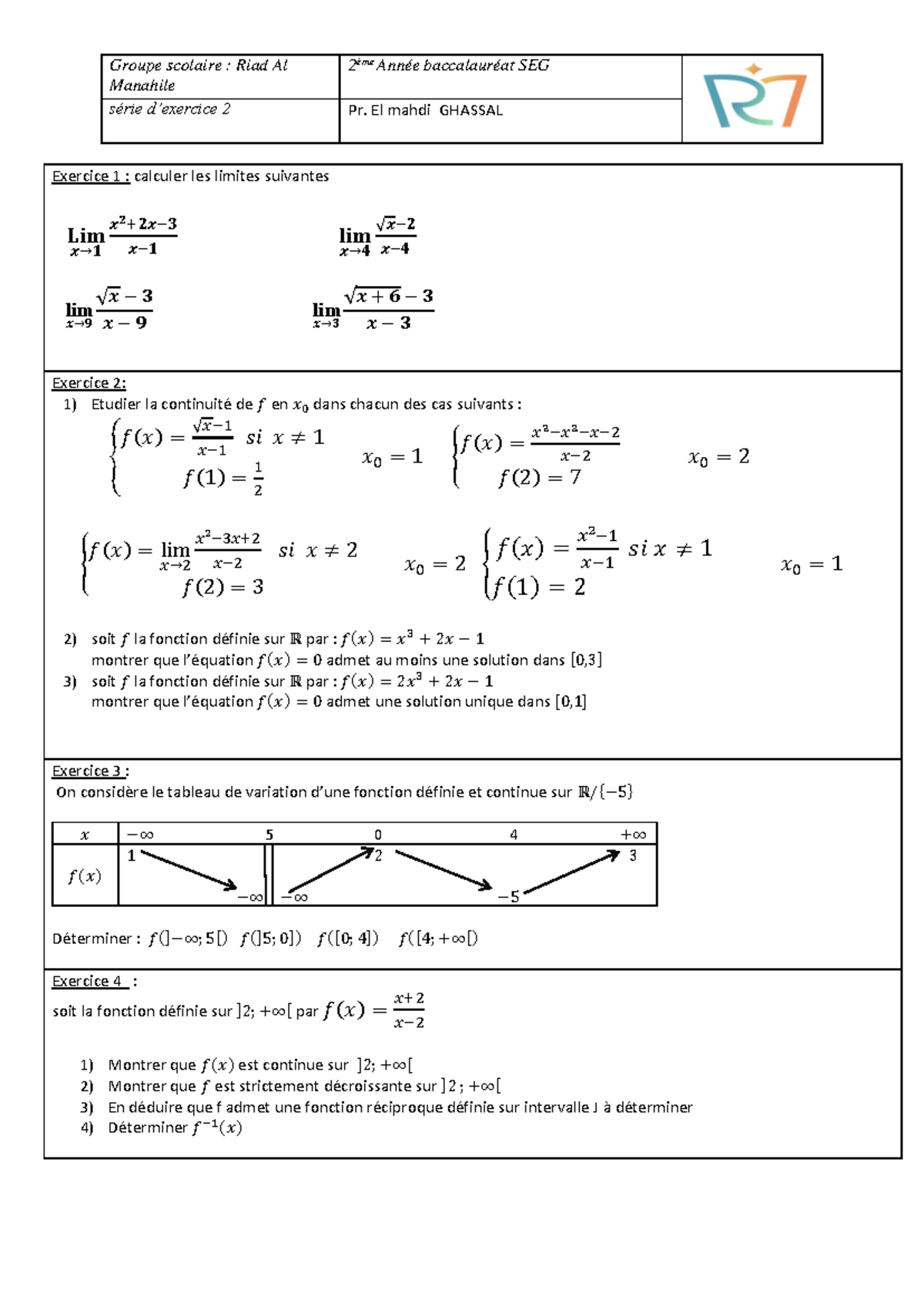 Exercices de Mathématiques - 2ème Année Baccalauréat SEG - Studocu