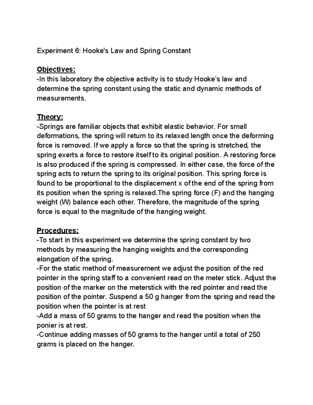 Experiment 6: Hooke's Law & Spring Constant Analysis - Studocu