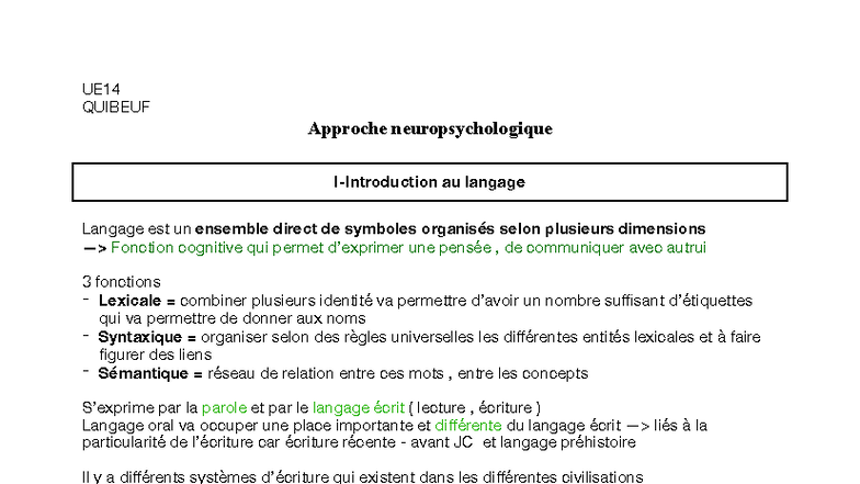 Quibeuf - UE14 Approche Neuropsychologique du Langage - Studocu