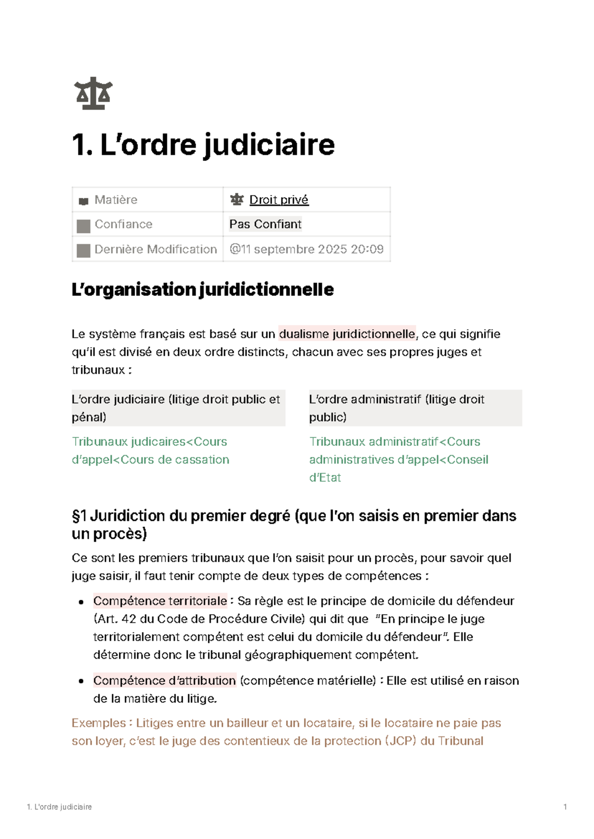 1. L'ordre judiciaire en Droit privé - Notes de cours L1 AES - Studocu