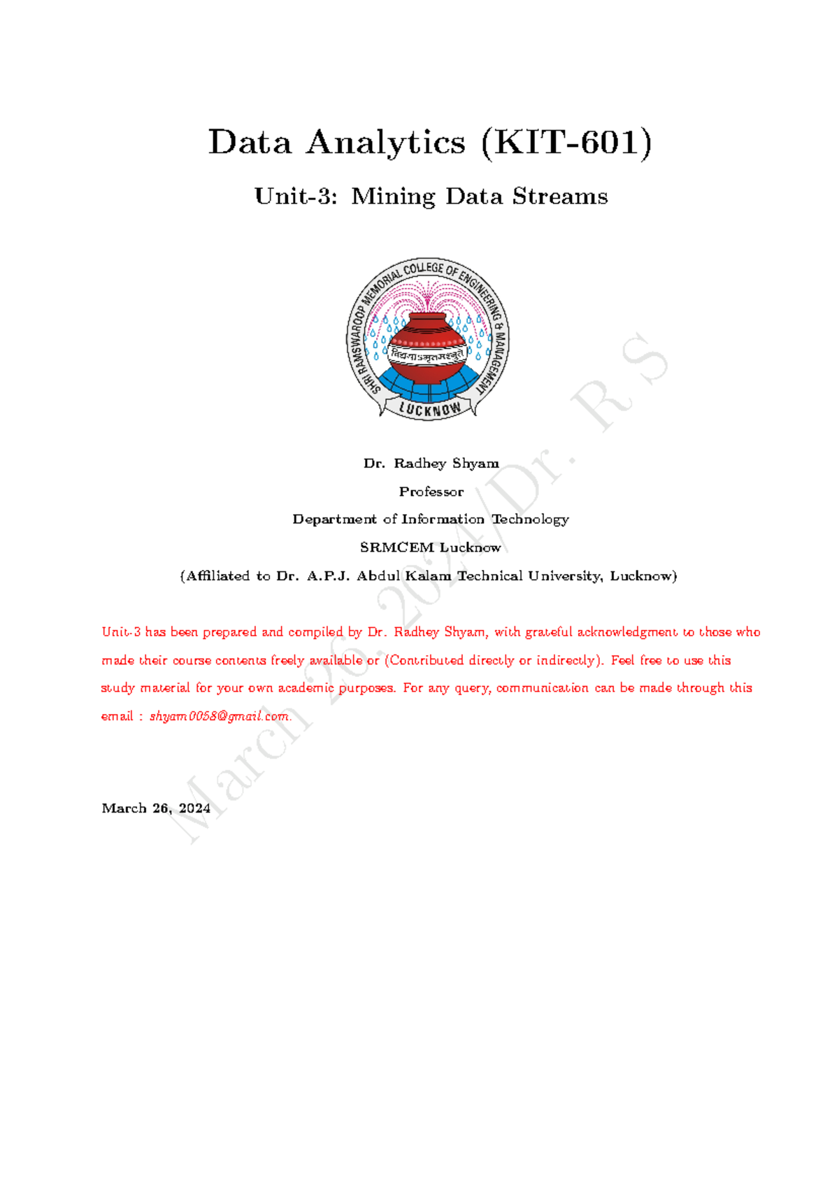 Data Analytics unit 3 Notes - March 26, 2024/Dr. R S Data Analytics ...
