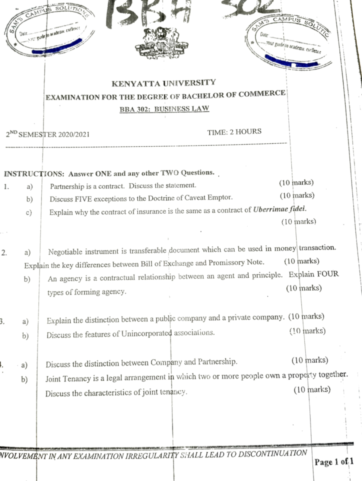 BBA 302 past papers - CAMPUS Dale Date your guide excluence KENYATTA ...