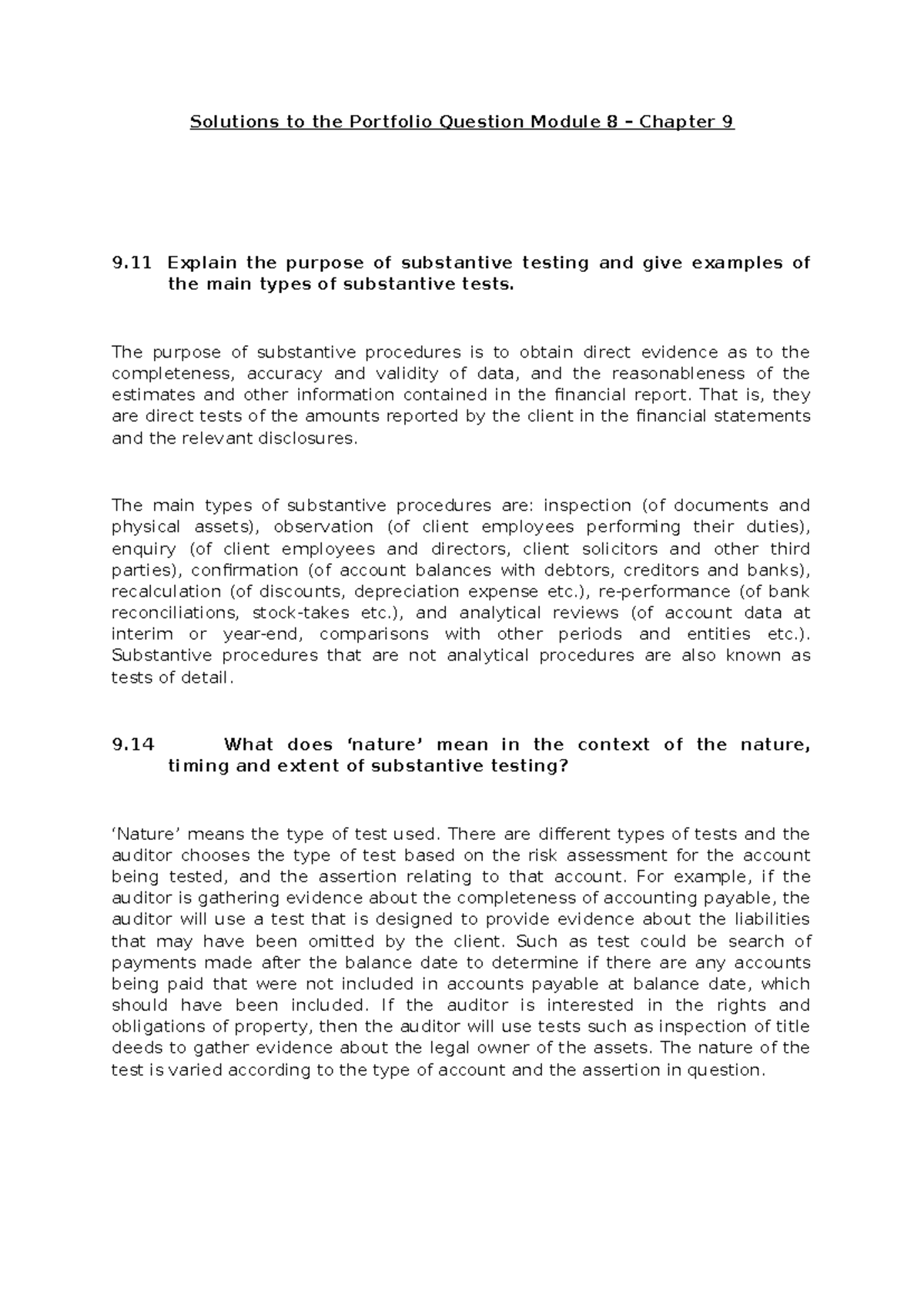 Solutions to Portfolio Questions: Substantive Testing Insights (Module ...