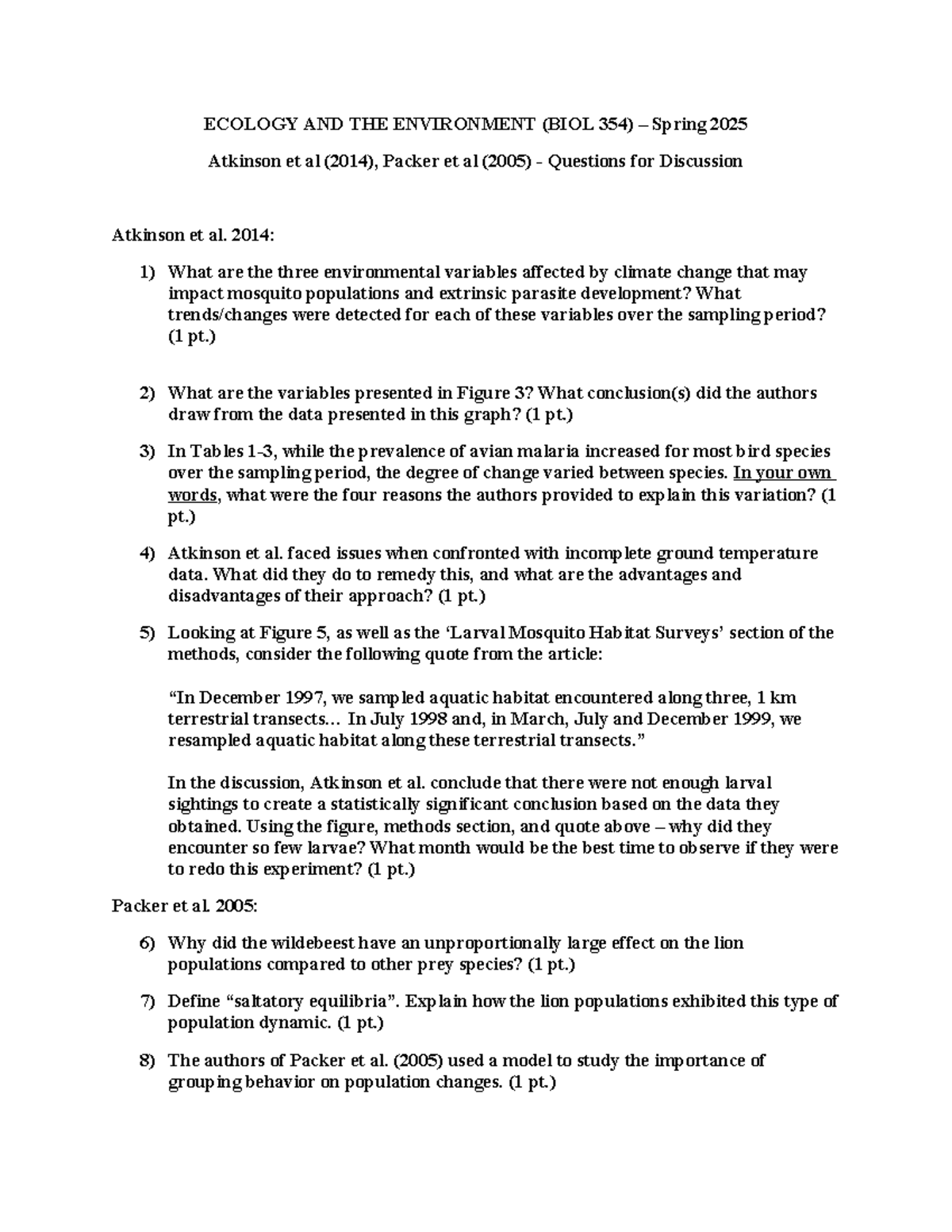 Spring 2025 Discussion #1 Questions Atkinson and Packer - ECOLOGY AND ...