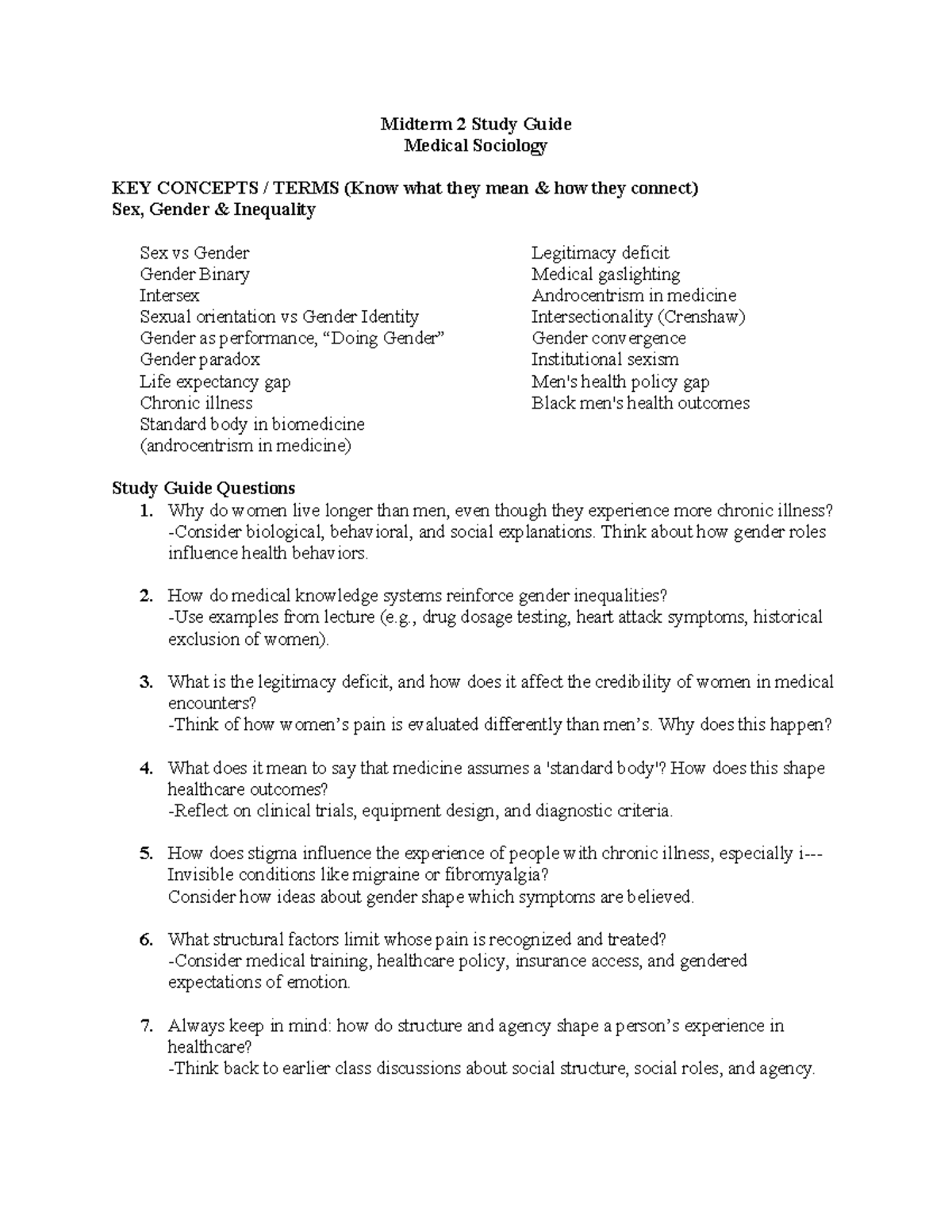 Midterm 2 Study Guide: Medical Sociology Concepts & Key Topics SP 25 ...