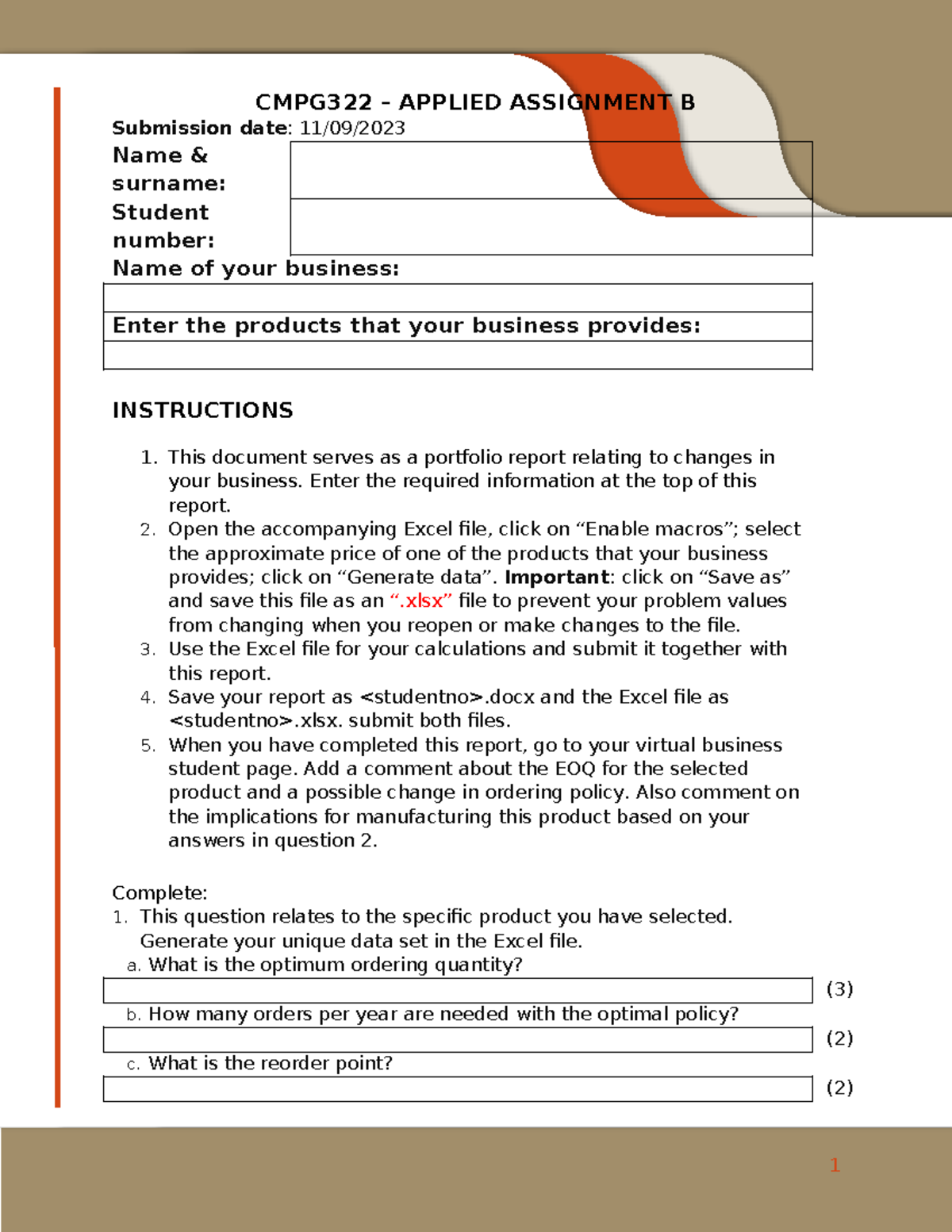 CMPG322 Applied Assignment B: Business Analysis & Manufacturing Report ...