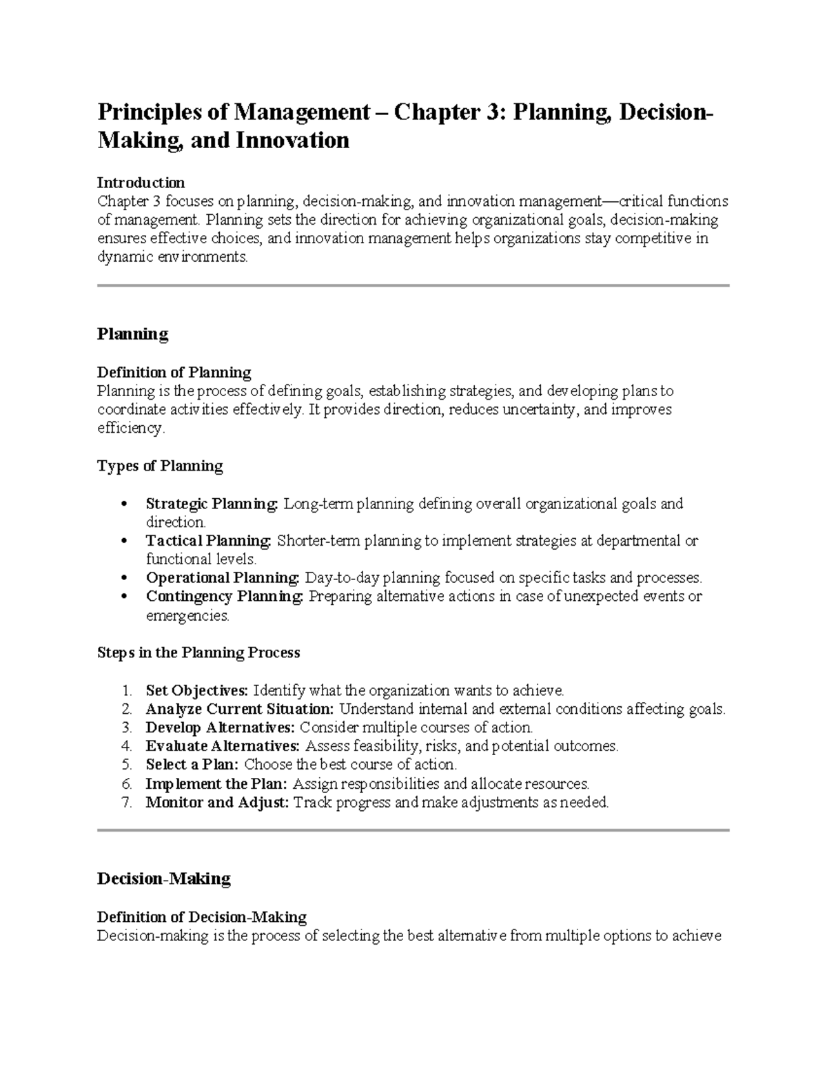 Principles of Management (MGT101) Chapter 3: Planning & Innovation ...