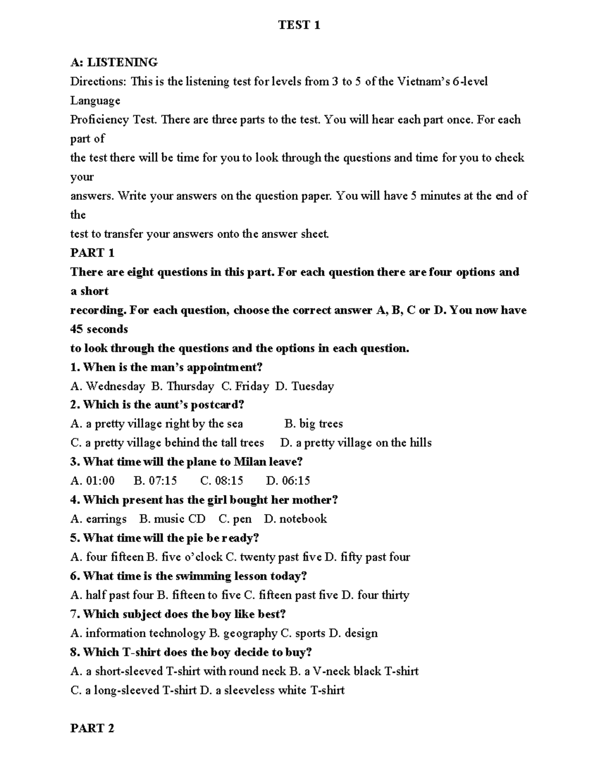 TEST 1 A: LISTENING & READING COMPREHENSION - Studocu
