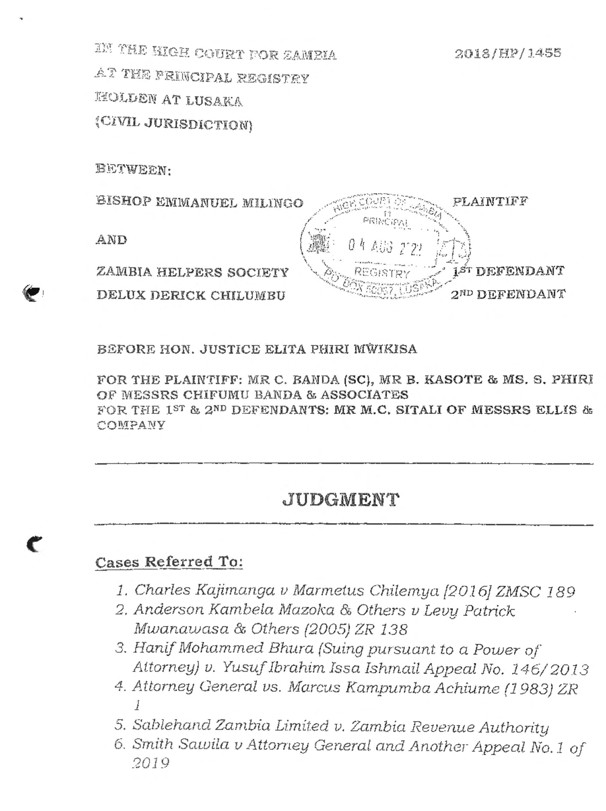 Bishop Emmanuel Milingo v Zambia Helpers Society and Anor (2018 HP 1455 ...