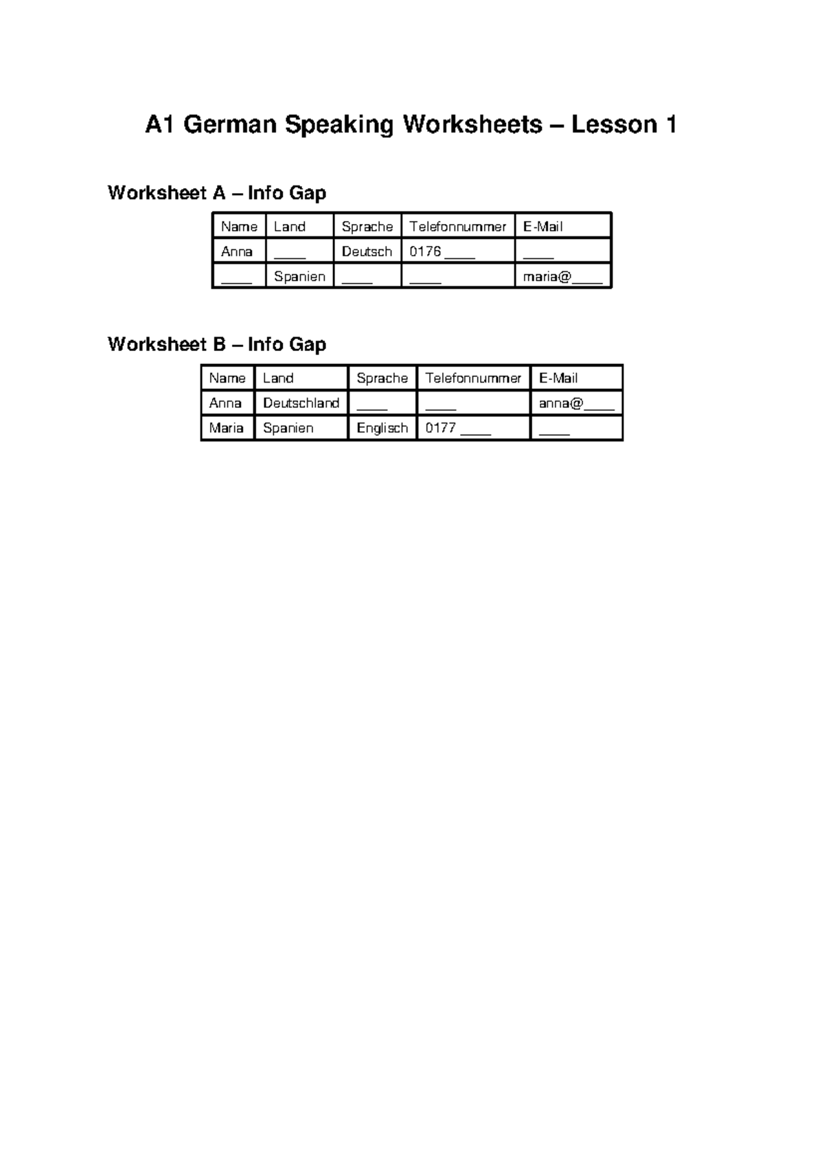 German speaking worksheet A1 - A1 German Speaking Worksheets – Lesson 1 ...