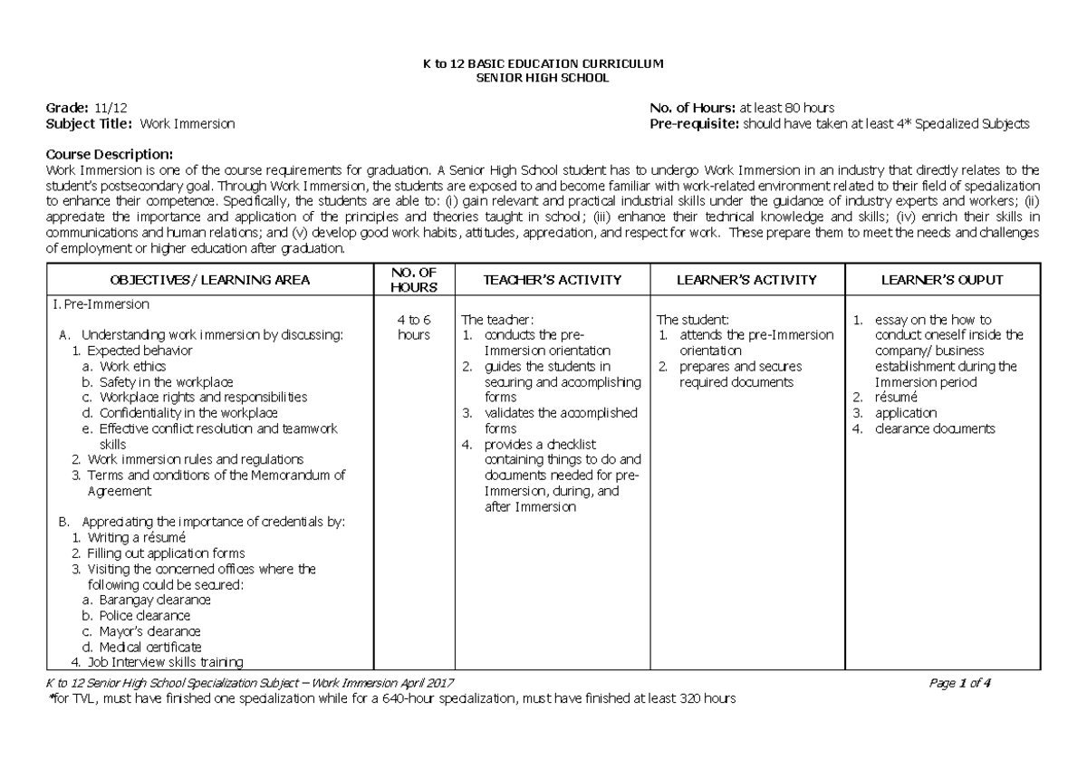 Work Immersion Curriculum Guide for SHS Students (Grade 11/12) - Studocu
