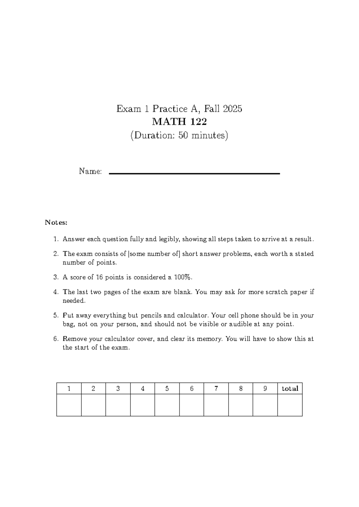 F25 MATH 122 Exam 1 Practice A - Study Notes and Guidelines - Studocu