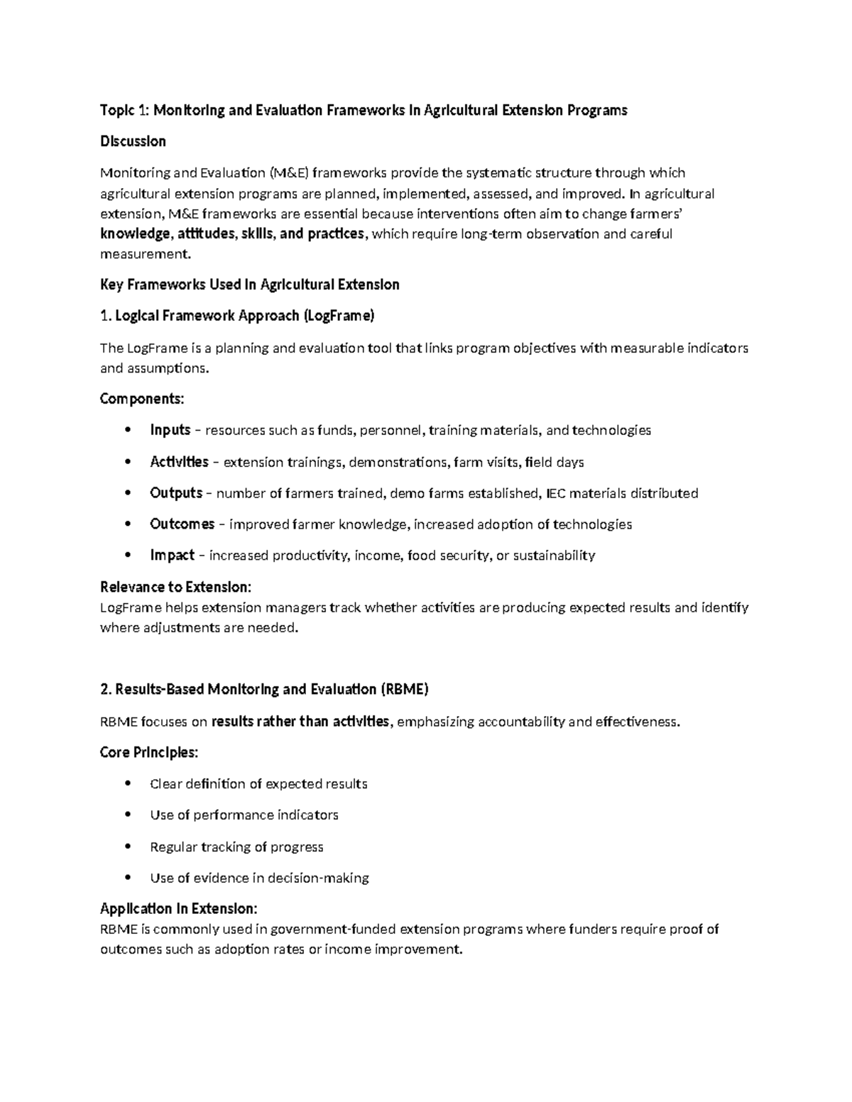 Monitoring and Evaluation Frameworks in Agricultural Extension Programs ...