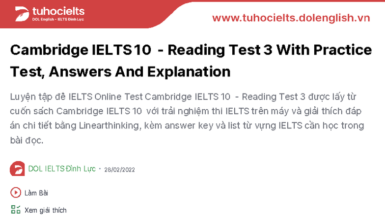 CAM10 - IELTS Reading Test 3 with Answers & Explanations - Studocu