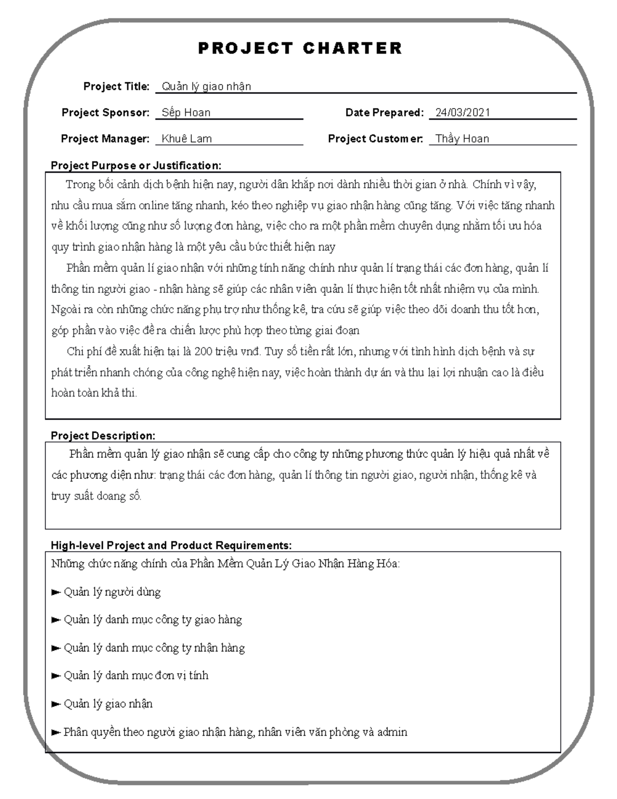 Group 12 Project Charter Template - Project Title: Quản lý giao nhận ...