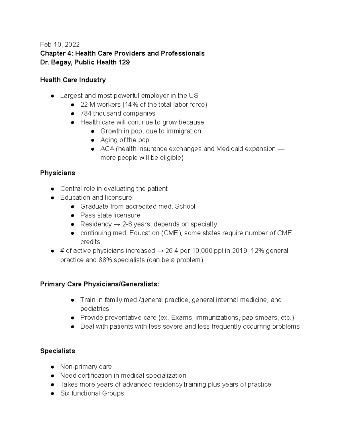 2 10 Ch4 Notes - Feb 10, 2022 Chapter 4: Health Care Providers and ...