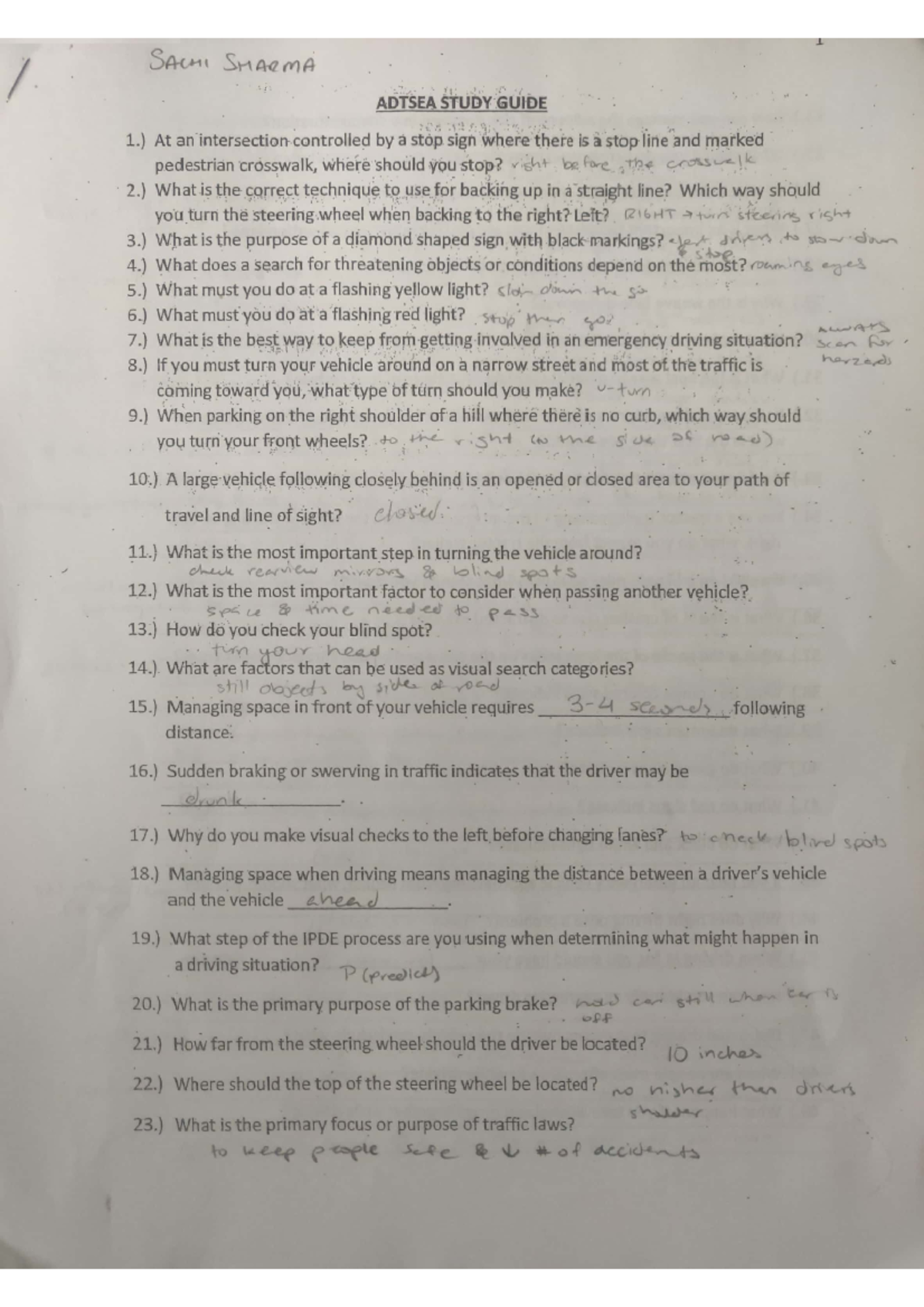 Driver's EDStudy Guide - SACHI SHARMA ADTSEA STUDY GUIDE 1.) At an a ...
