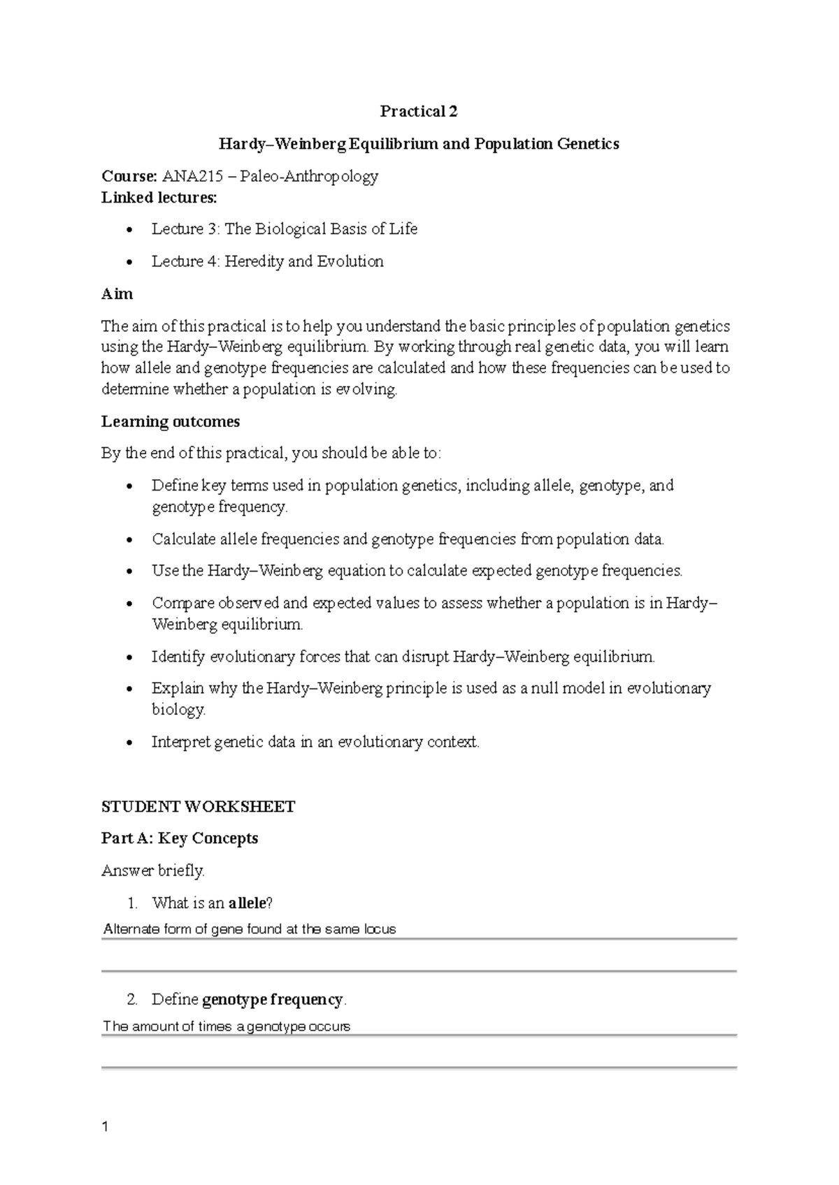 Practical 2: Hardy-Weinberg Equilibrium & Population Genetics (ANA215 ...