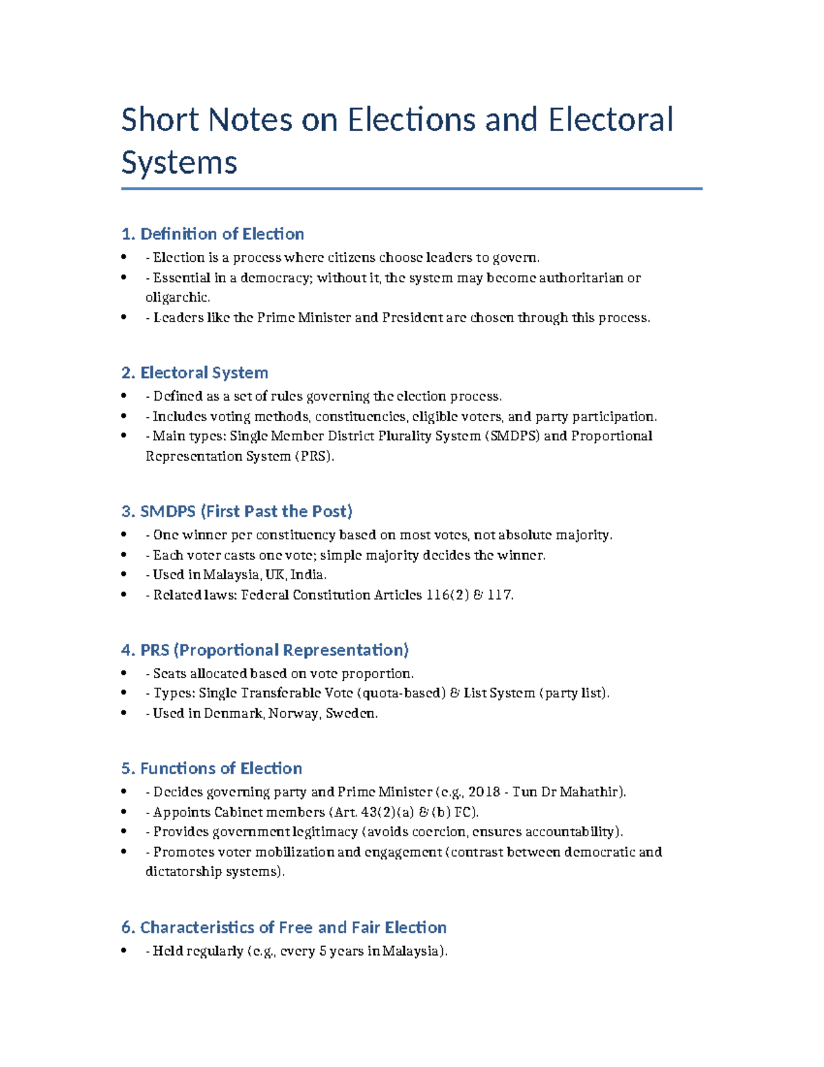 Short Notes on Election Law: Elections & Electoral Systems - Studocu