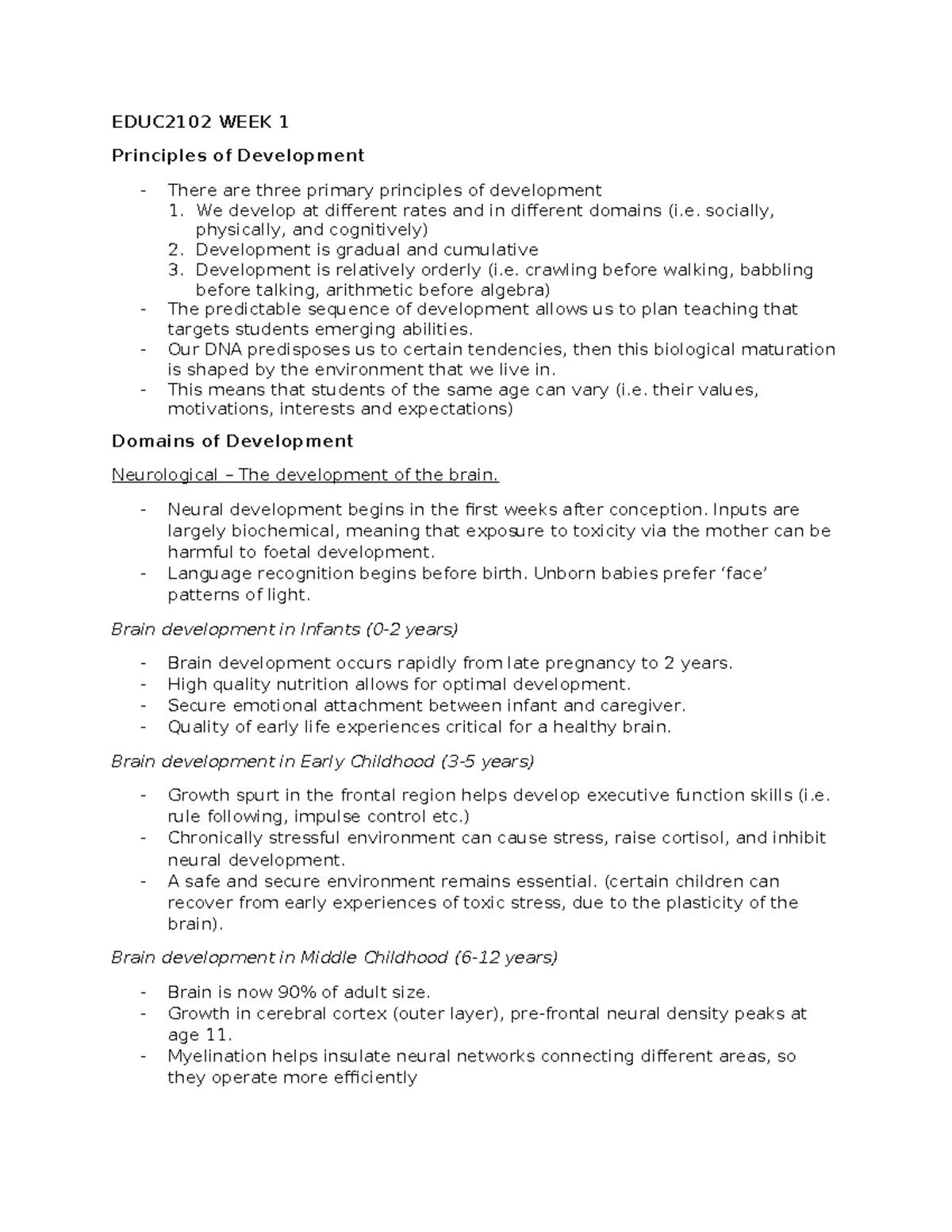 EDUC2102 WEEK 1 - Principles of Development Study Notes - Studocu