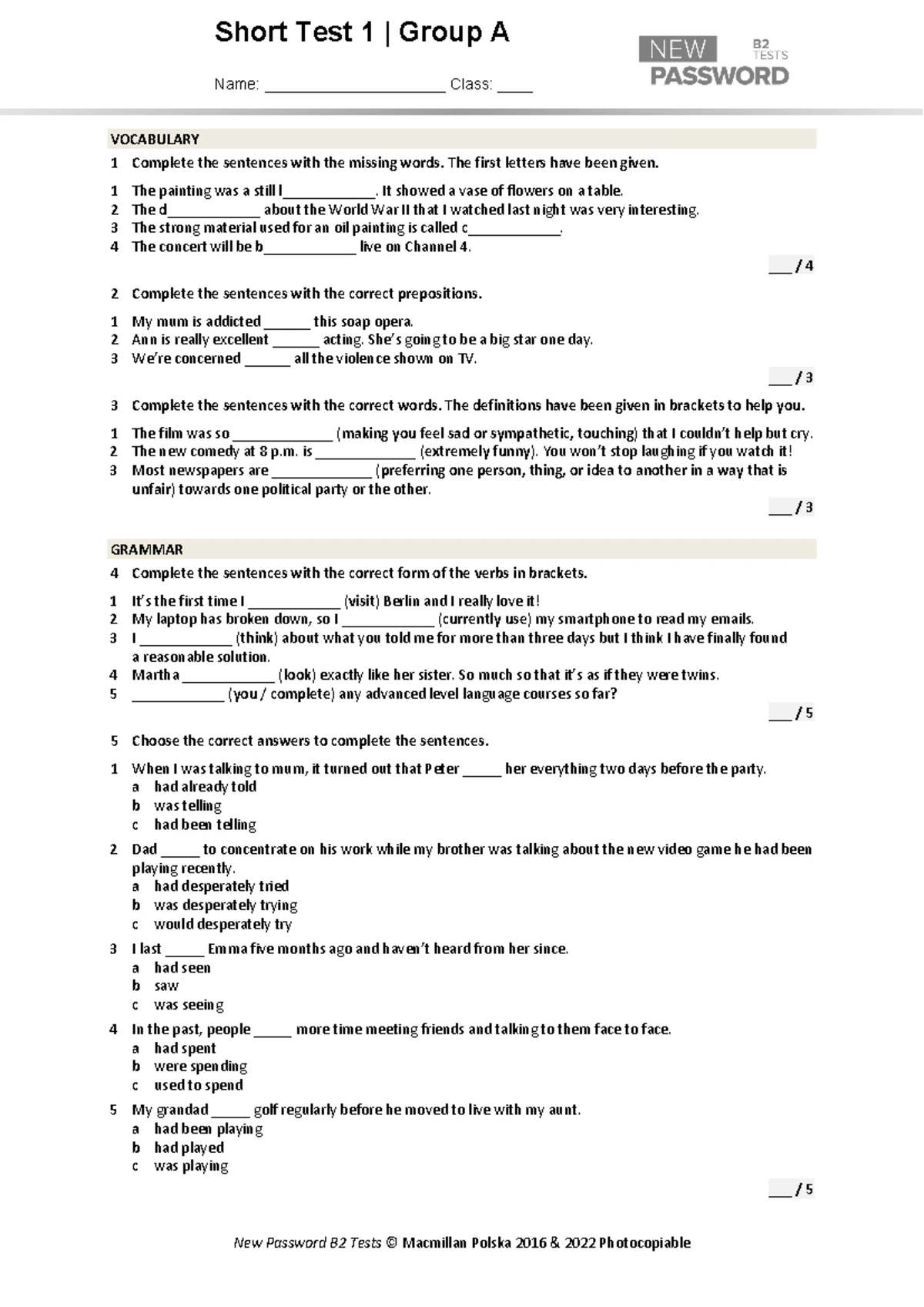 Sprawdzian Angielski Unit Test 4a Grammar Gl 2 www.studocu.com