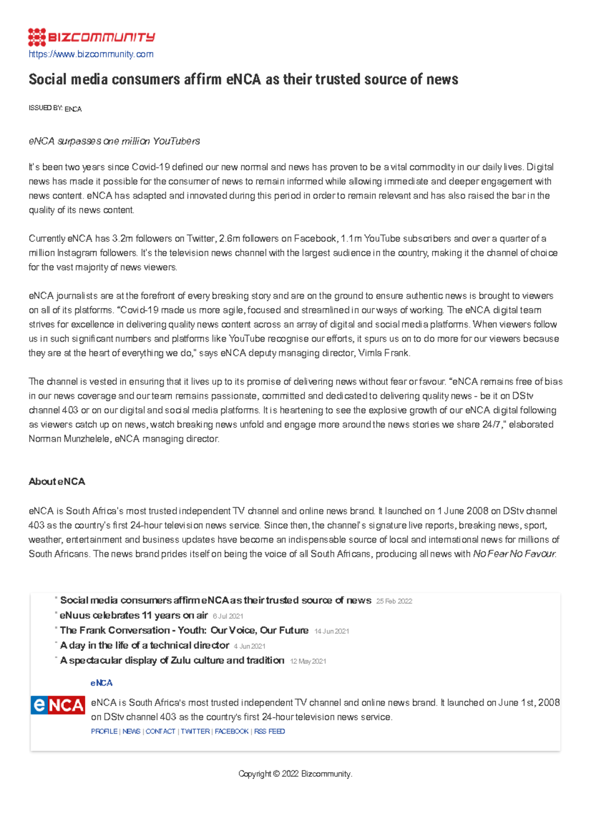 Article Question 3 - bizcommunity Social media consumers affirm eNCA as ...