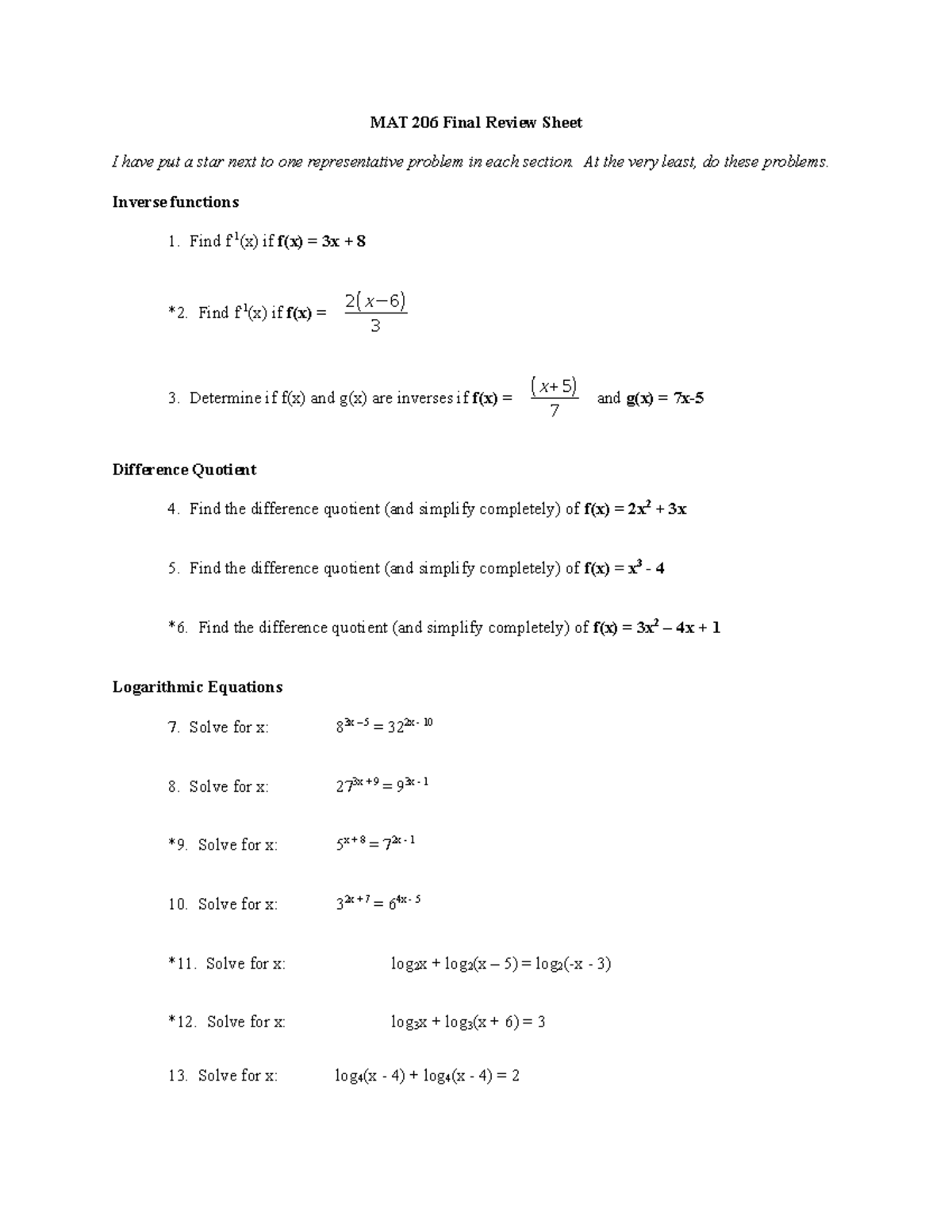 MAT 206 Final Review Sheet: Key Problems and Concepts - Studocu